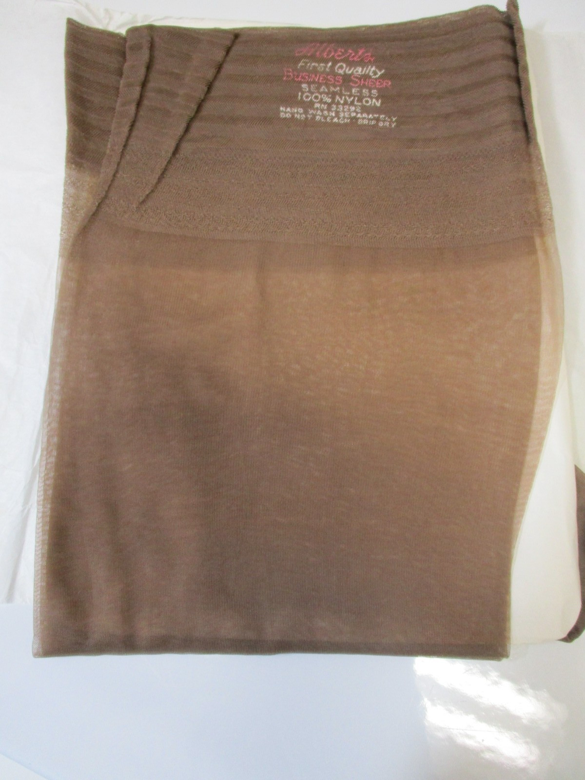 1 PR VINTAGE ALBERT&rsquo;S RHT FLAT KNIT SHEER NYLON STOCKINGS SZ 11 1/2 MED TAUPE