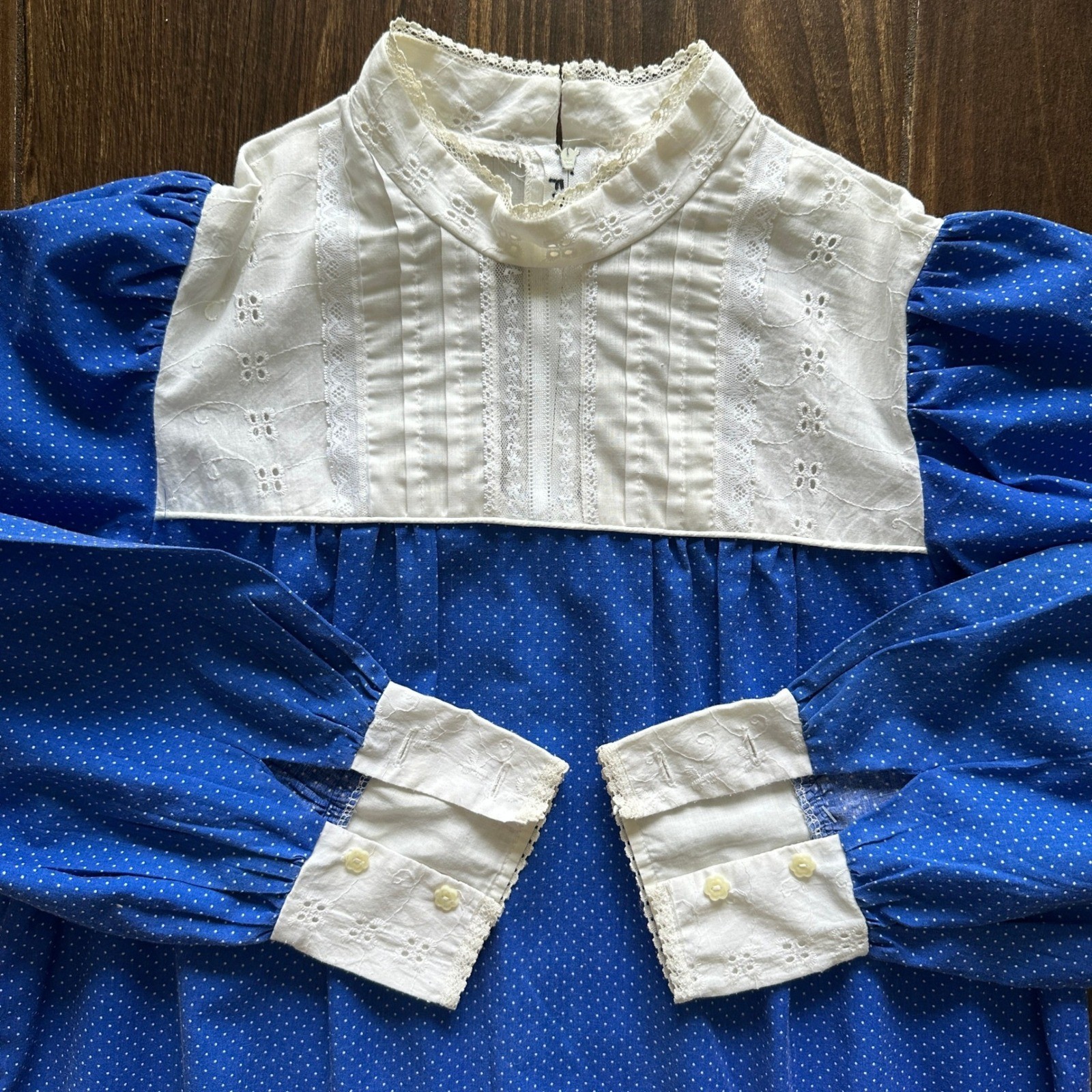 Good Times Hawaii Vintage Blue Polka Dot Eyelet Lace Prairie Maxi Dress Womens