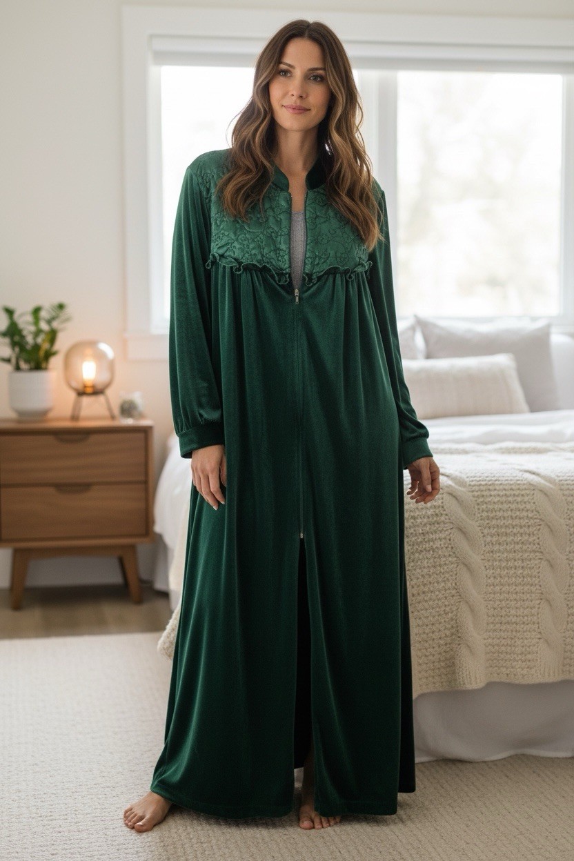 Vintage Amanda Stewart Cozy Wear Emerald Green Velour House Coat Large Quilted