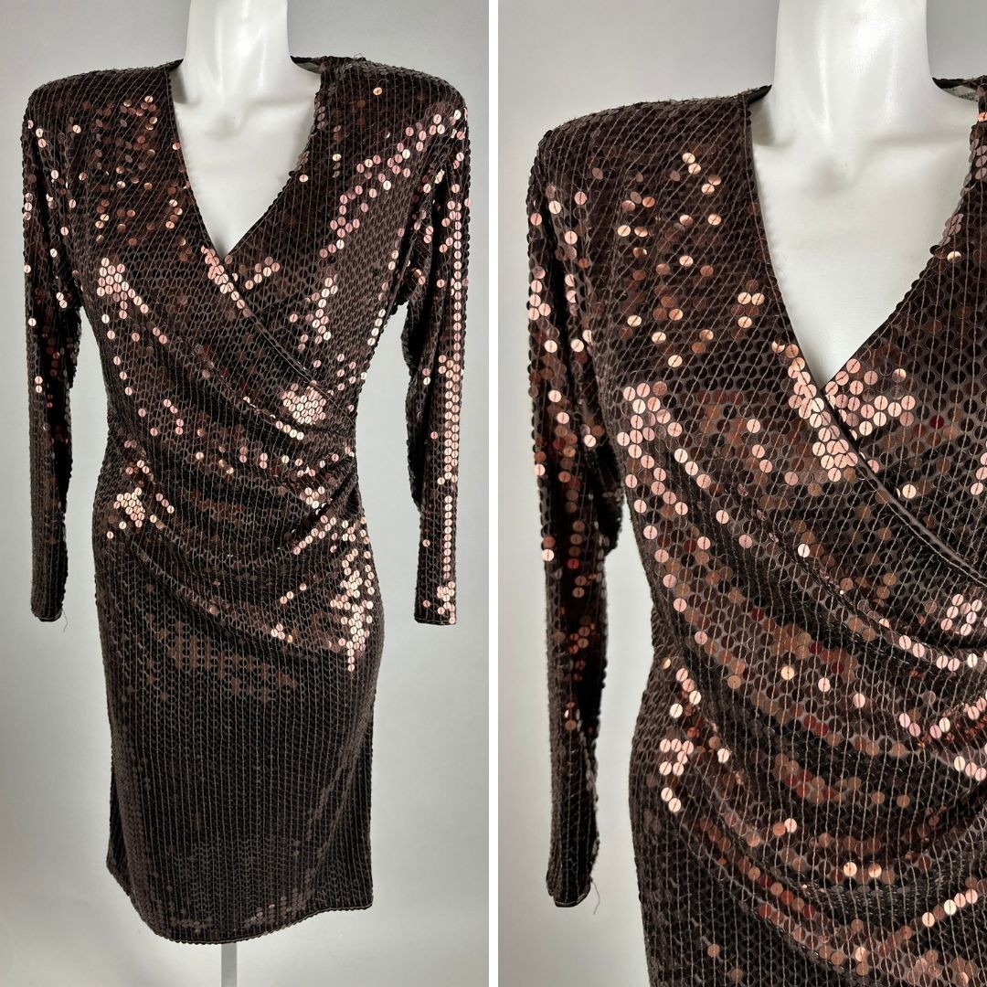 Vintage 80s Oleg Cassini Sequin Dress Brown Bronze Copper Long Sleeve Dynasty 8