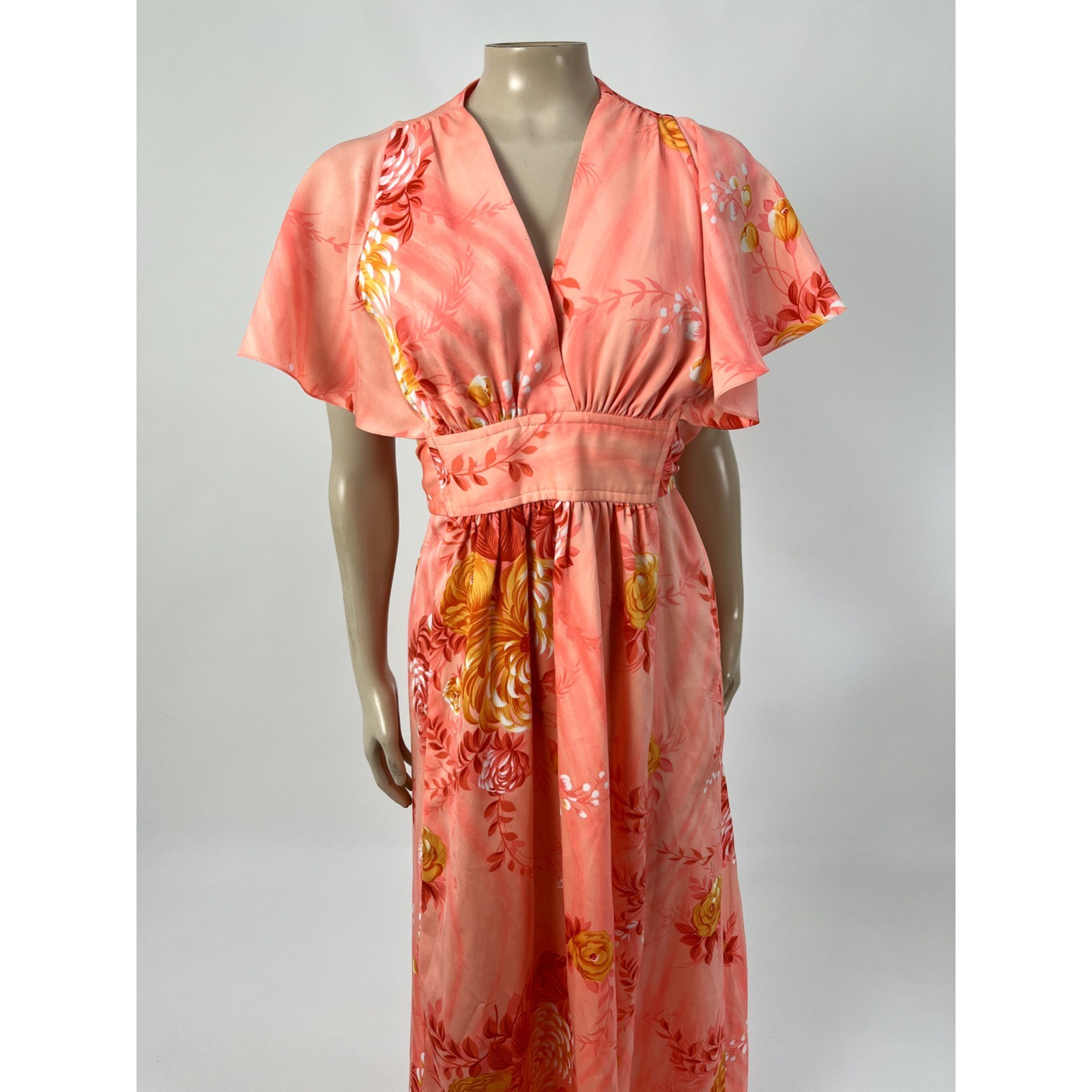 Vintage 70s Lilia Honolulu Hawaii Maxi Long Dress Flutter Sleeve Polyester G4-30