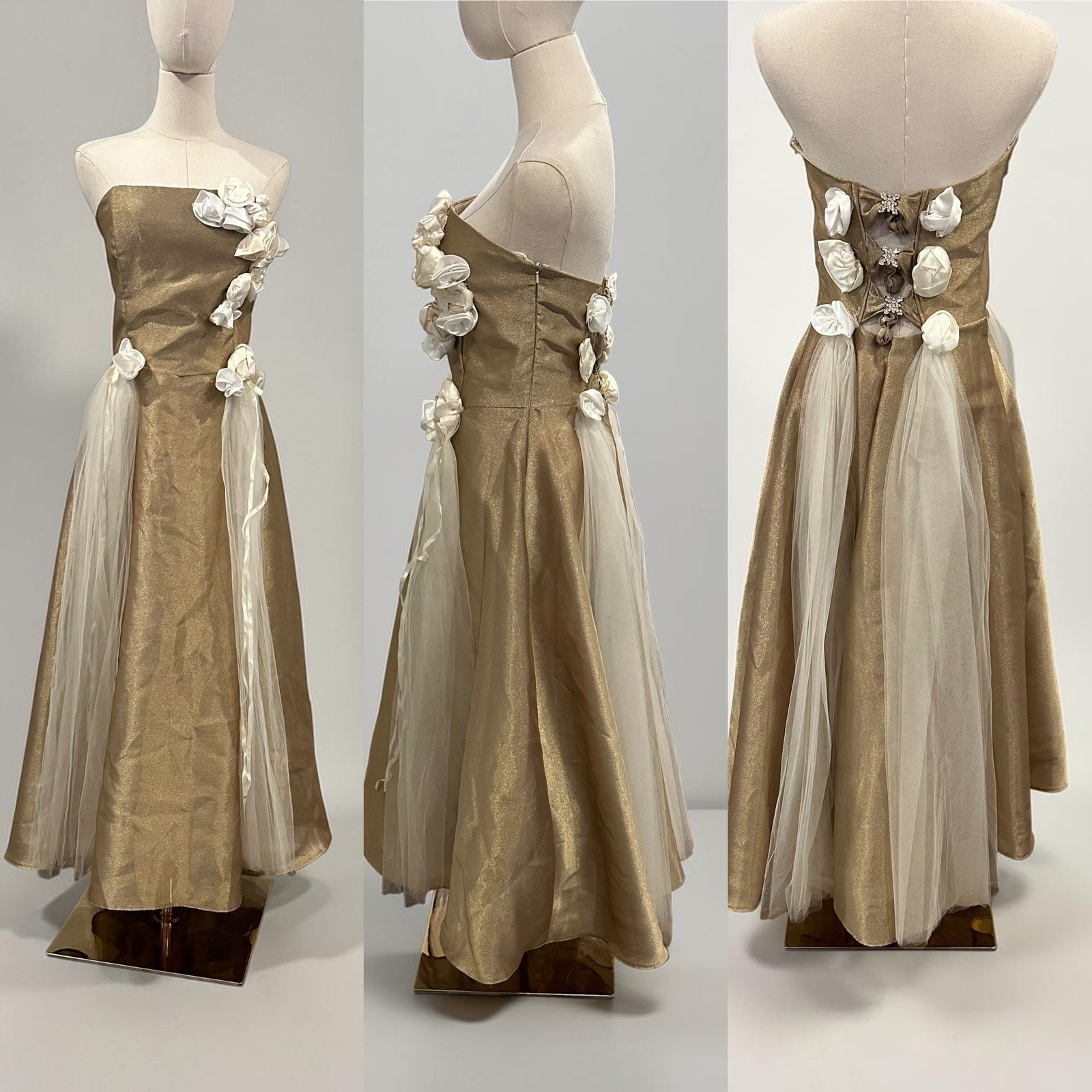 VTG Scott McClintock Gold Metallic Prom Gown Rosette Tulle Formal Dress XXS/XS
