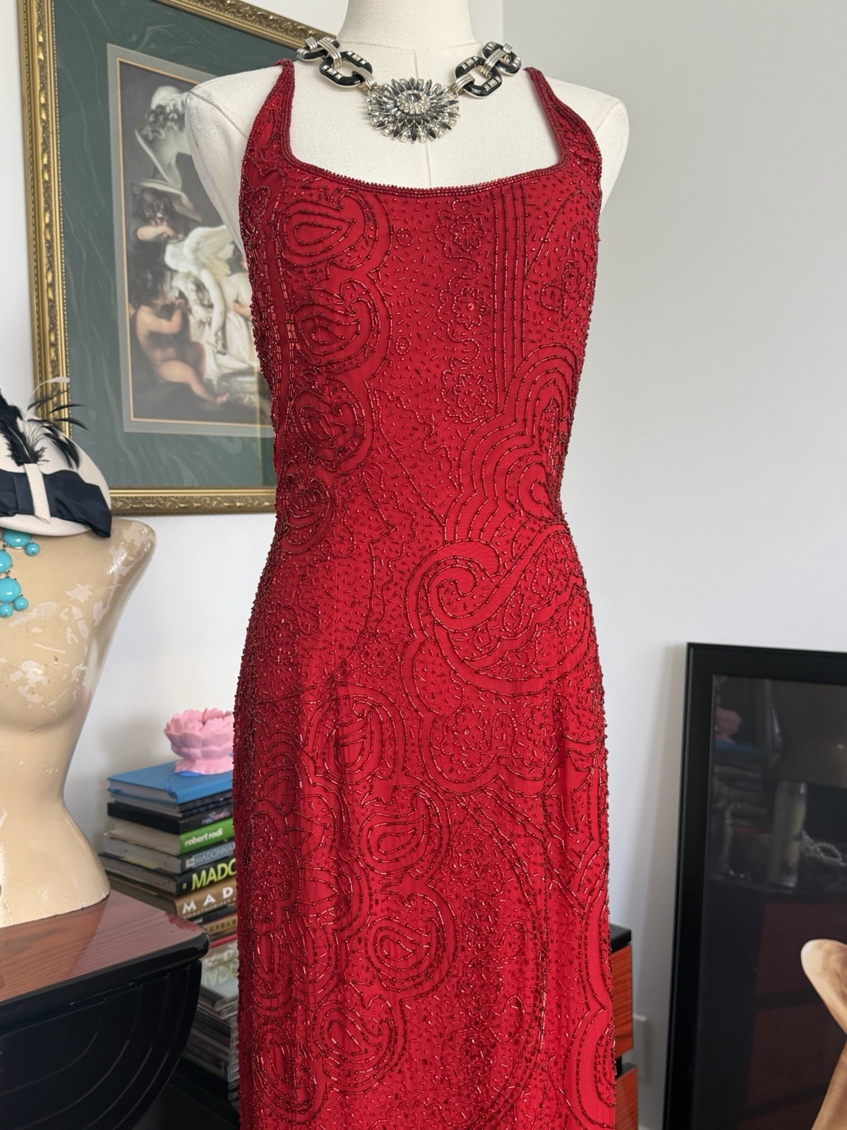 Vintage Cache Red Fully Beaded Evening Gown Deadstock NWT Size M