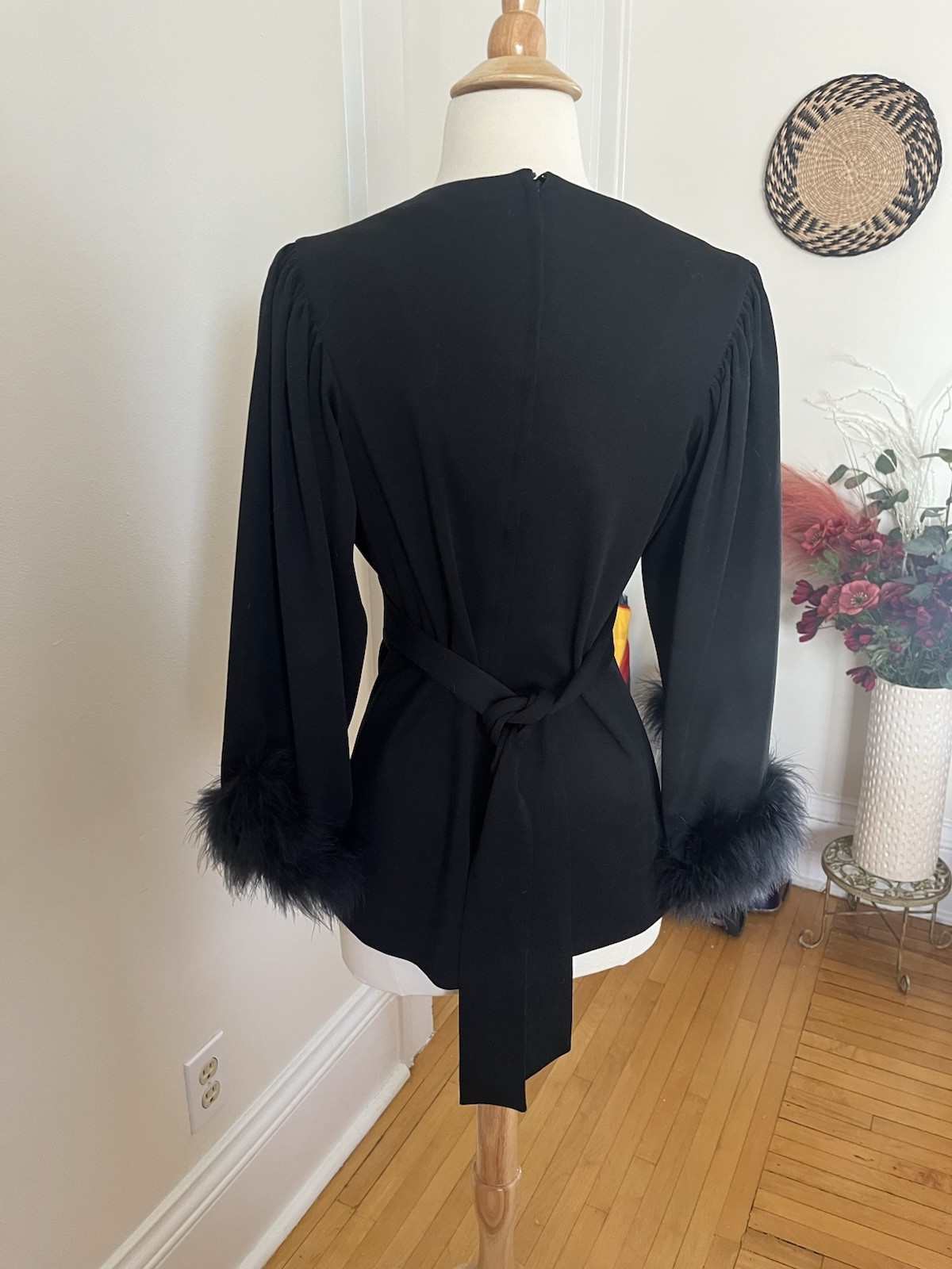 Vintage 1970s Black Polyester Wrap Top Fur Bell Sleeves V-neck