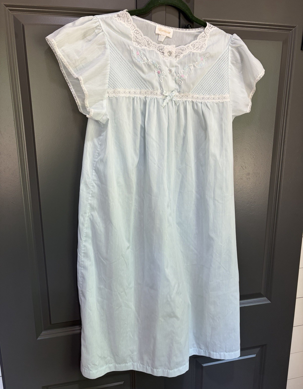 Barbizon Vintage Cottagecore Light Blue Lacey Embroidered Button Front Nightgown