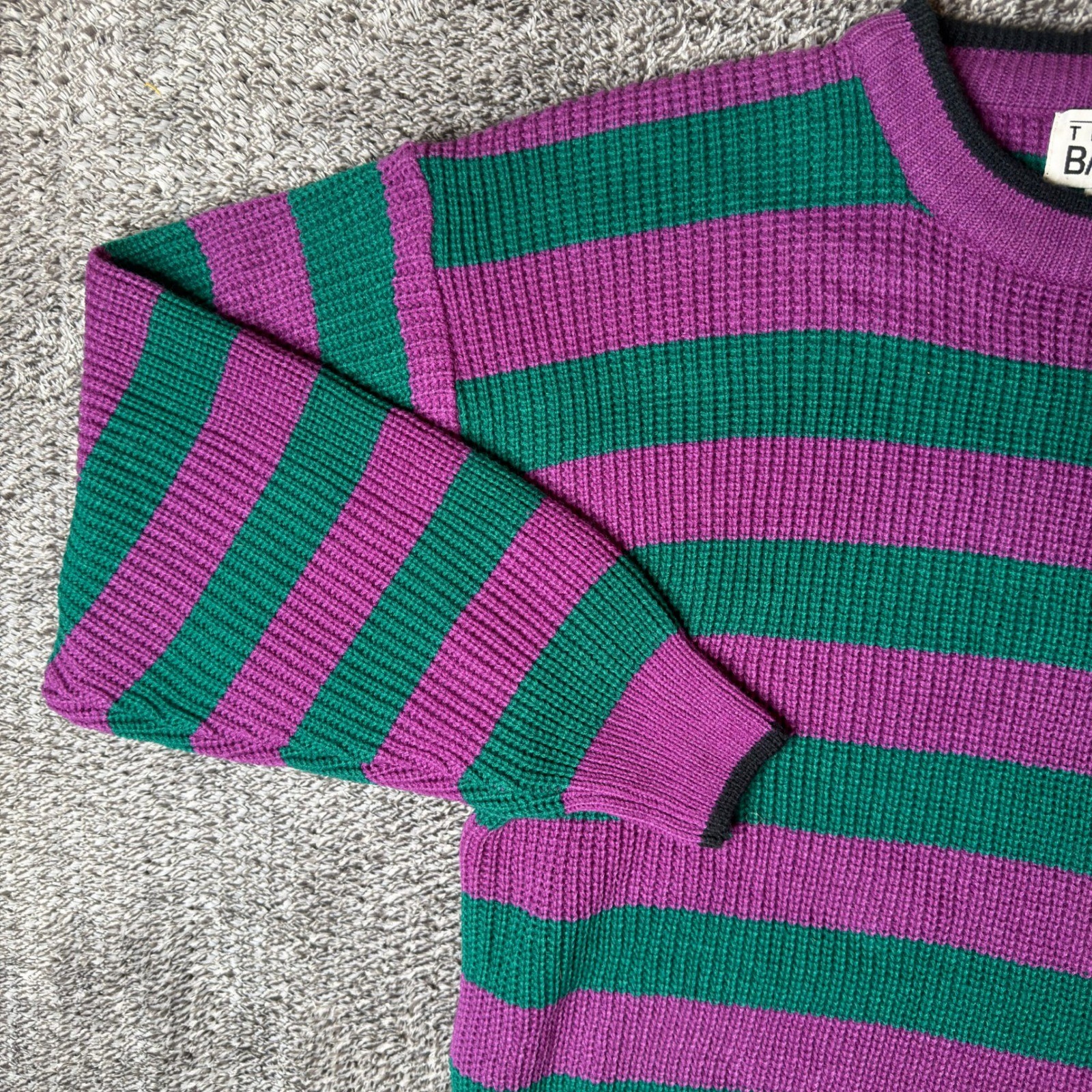 Vintage Trend Basics Purple Green Striped Knit Sweater Womens Large Acrylic Crew