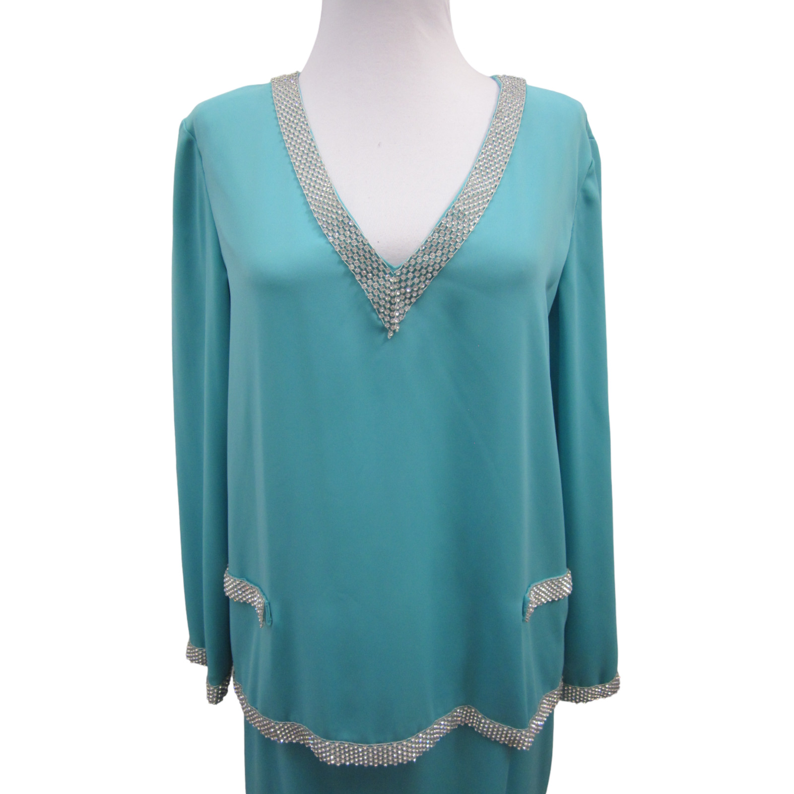 VTG Aqua Blue 2 Pc Bling Rhinestone Trim Evening Top & Skirt Outfit Sz L