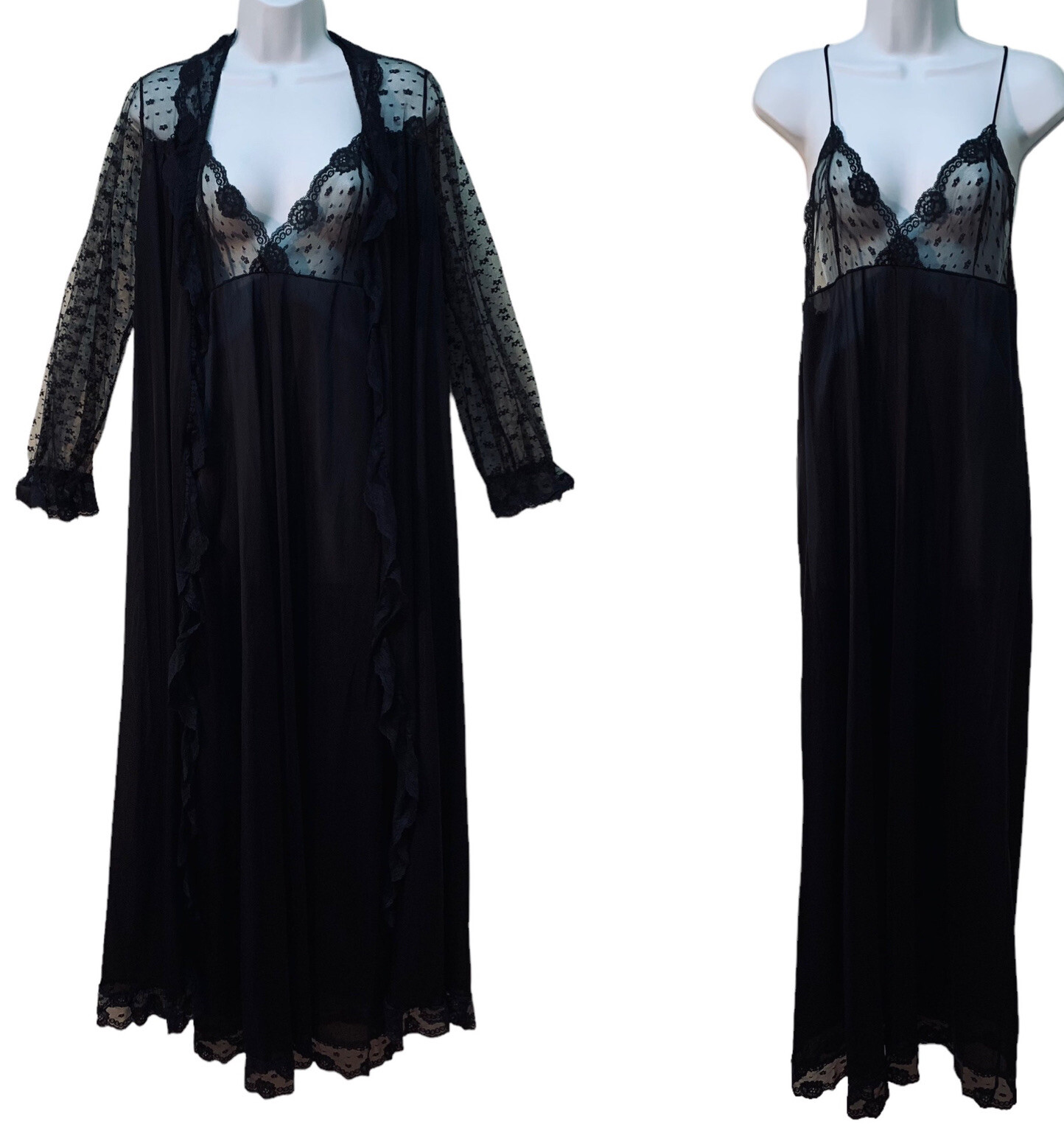 Vintage Black Nylon Sheer Lace Peignoir Robe Nightgown Negligee Long Gown Set M