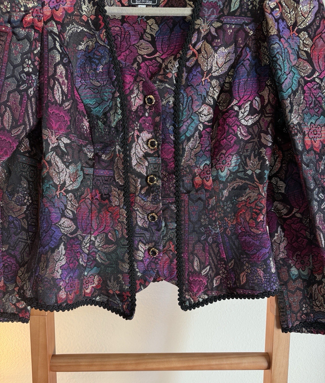 Vintage cachet metallic floral multicolored puff sleeve button front jacket MED