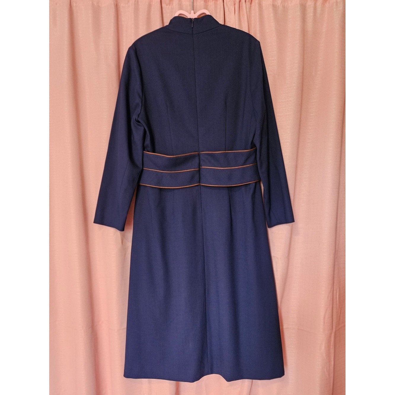Rare THE FOLD London Virgin Wool Navy Blue w/ Copper Neck Line & Belt Trim Dress