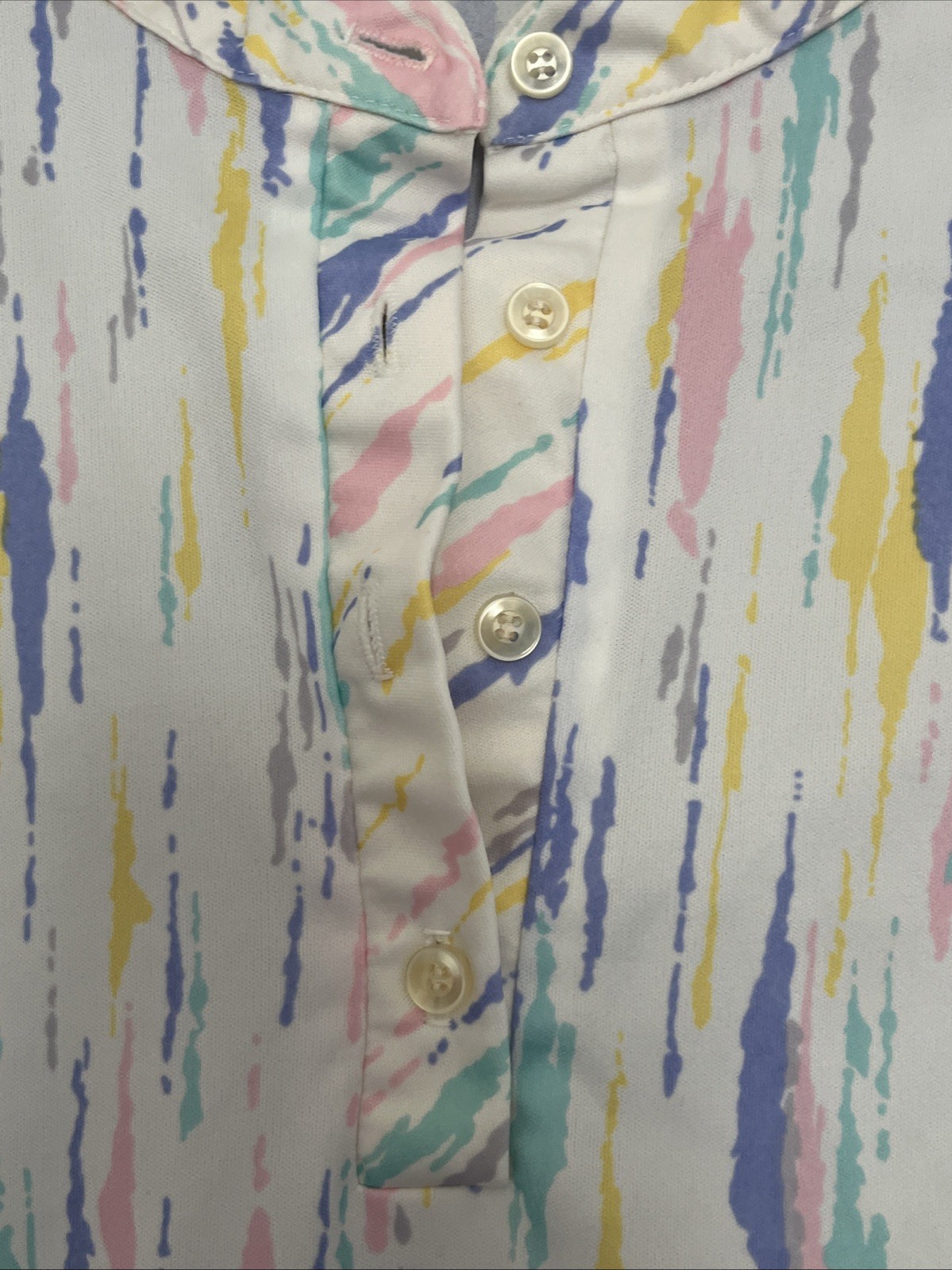 Vintage Polyester Pastel Blouse Size L Made In USA Short Sleeve Mock Neck Button