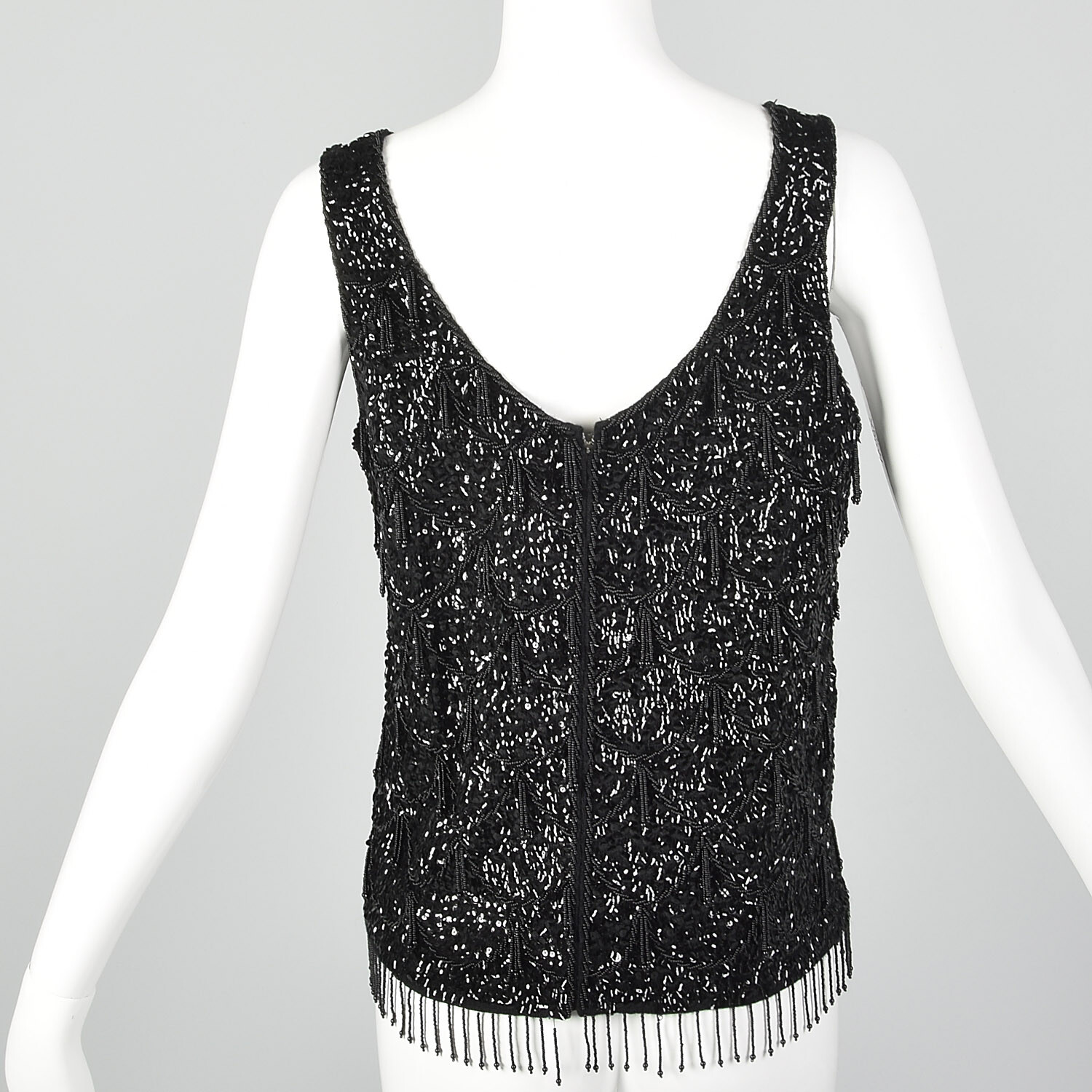 Medium 1960s Sleeveless Black Beaded Blouse 60s Knit Tank Vintage Sequin Top VTG
