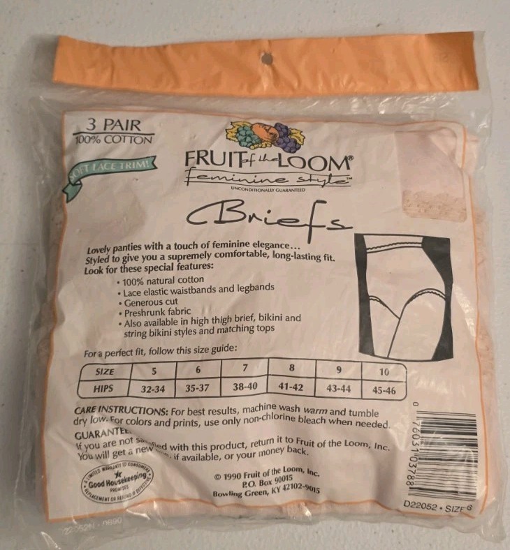Vtg 1990 New 3 Pair FRUIT OF THE LOOM Cotton Feminine Style Briefs Panties Sz. 6