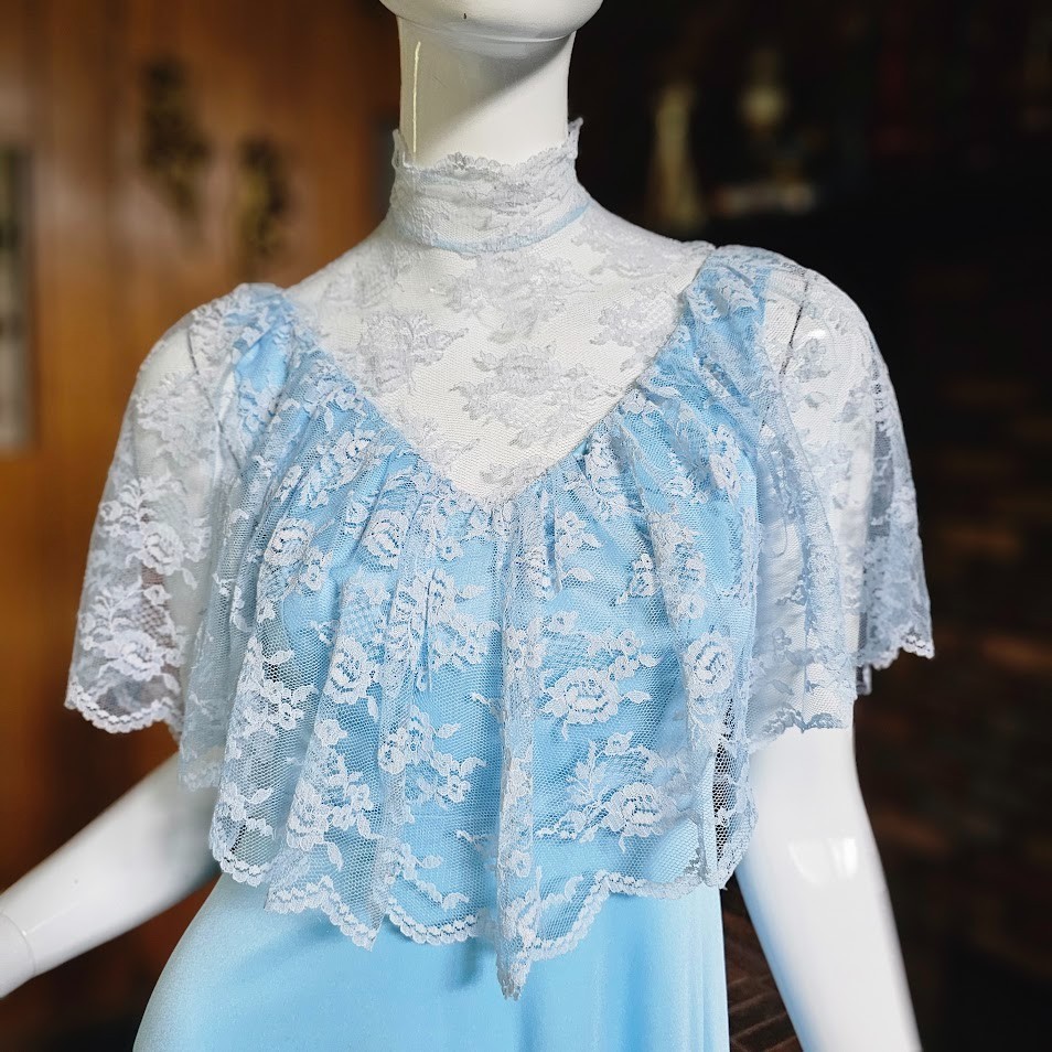 Vtg 70s Victorian Revival High Lace Neck Powder Blue Capelet Maxi Gown Dress S/M
