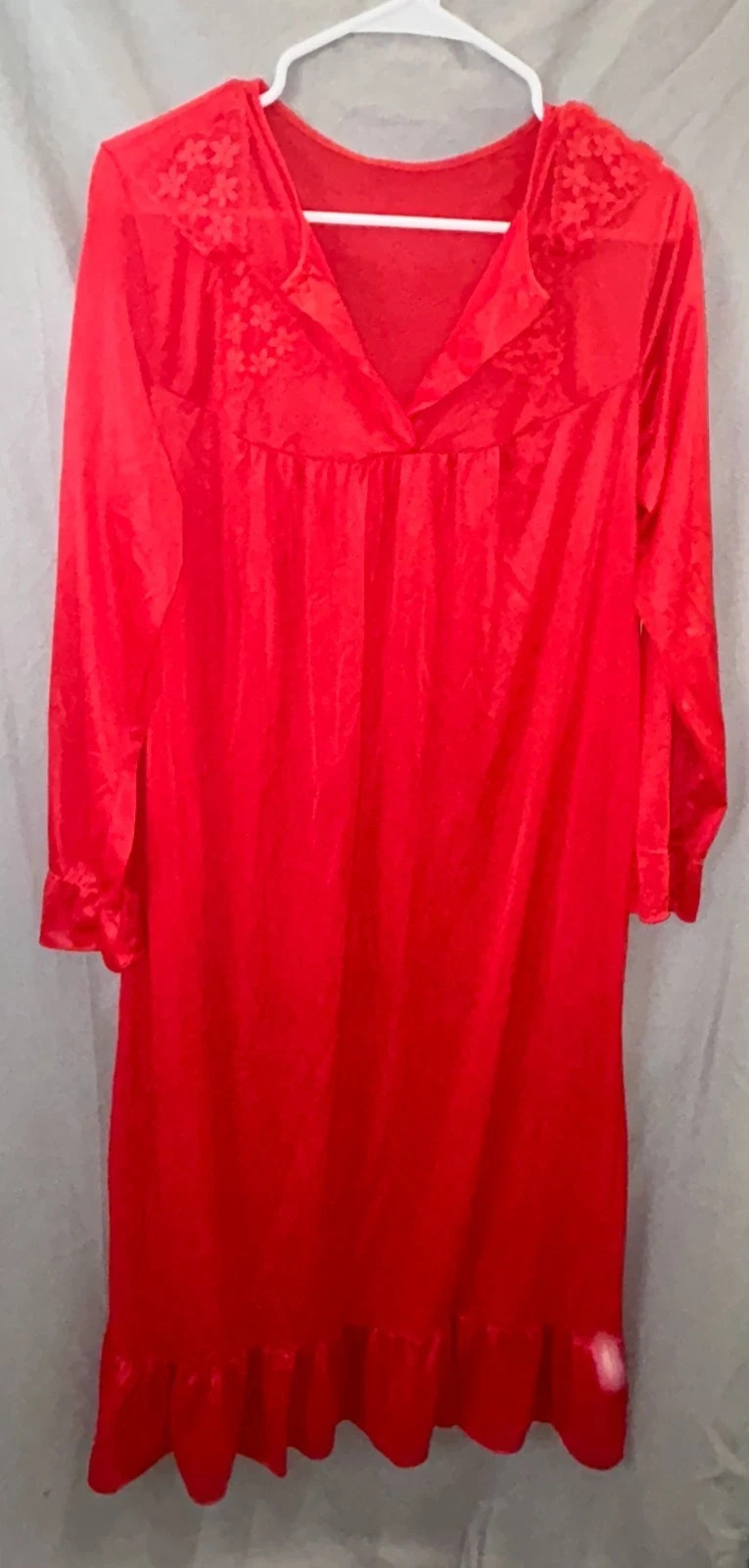 Vintage Red Long Sleeve Button Up Nylon & Lace Gown with Ruffle Hem Size Large