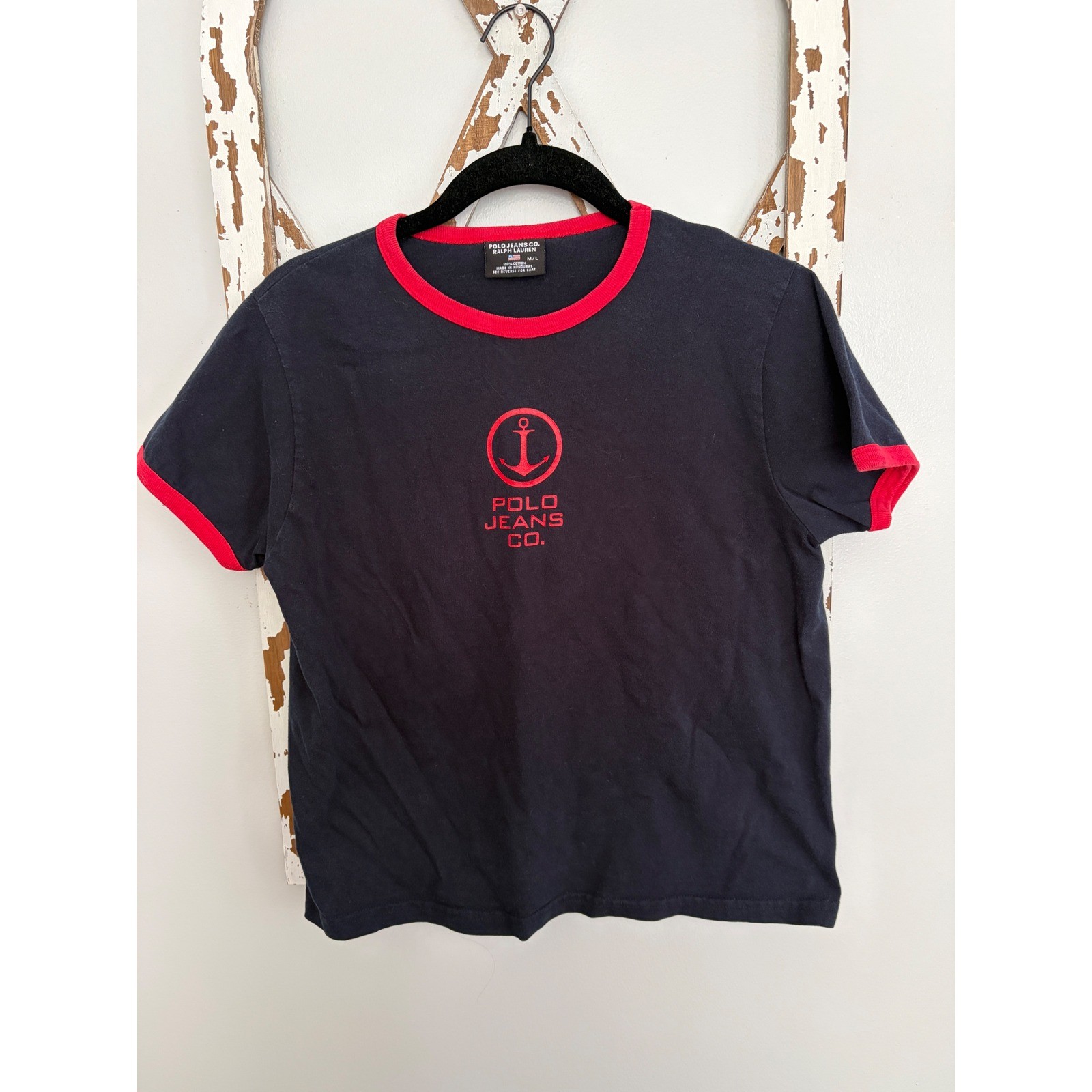 Vtg Polo Ralph Lauren Anchor Logo Navy Red Ringer Tee Size M/L Y2K 90&rsquo;s