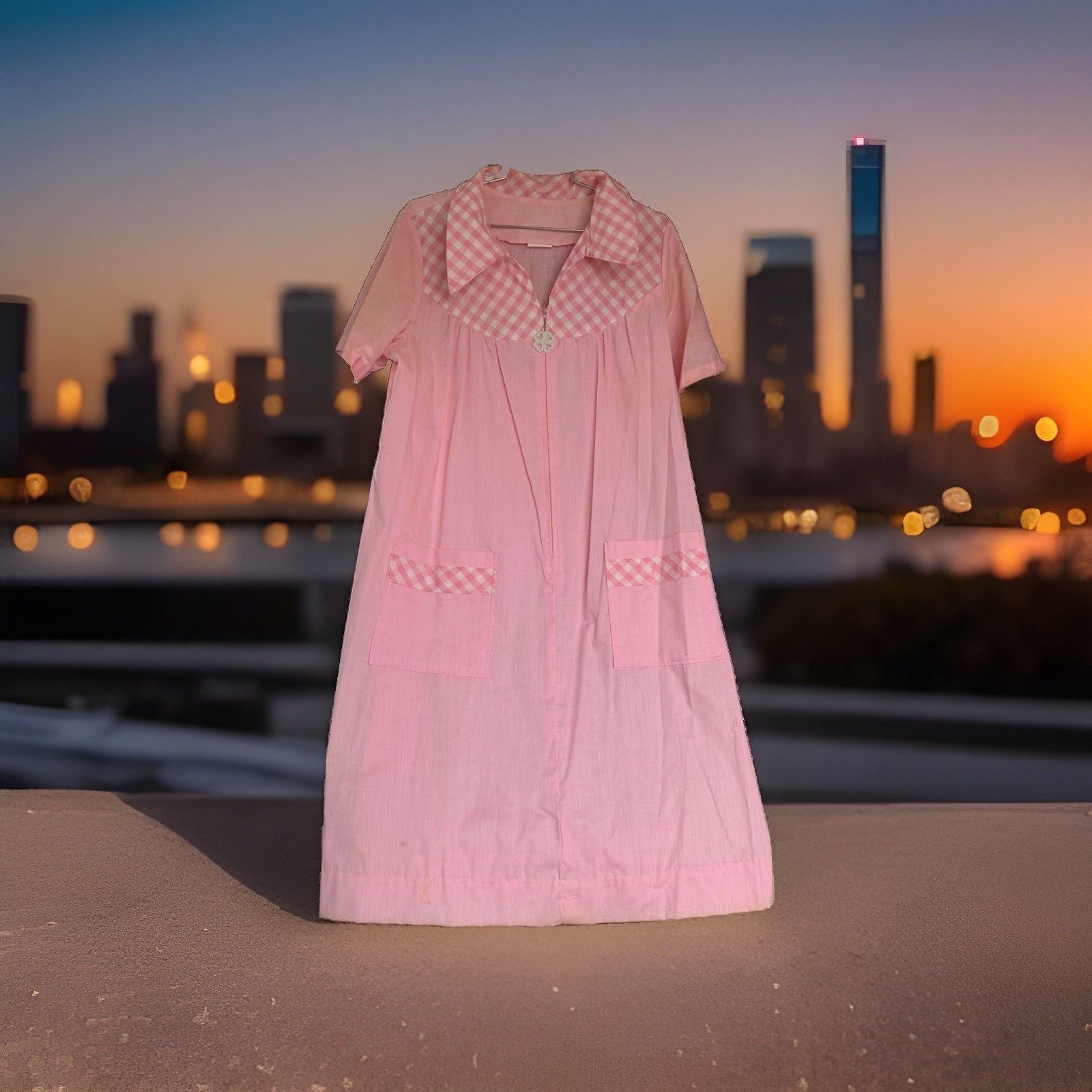Vtg 70s Pink Housecoat Duster Dress Gingham Collar Clover Zipper NOS