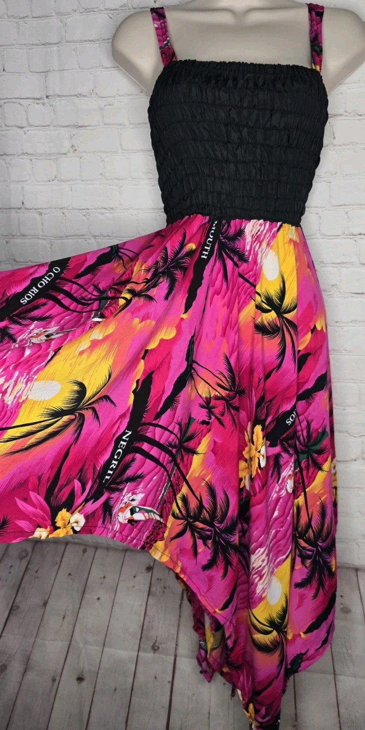 Vtg 90s Pink Black Smocked Tropical Jamaica Sundress Hankercheif Resort S/M
