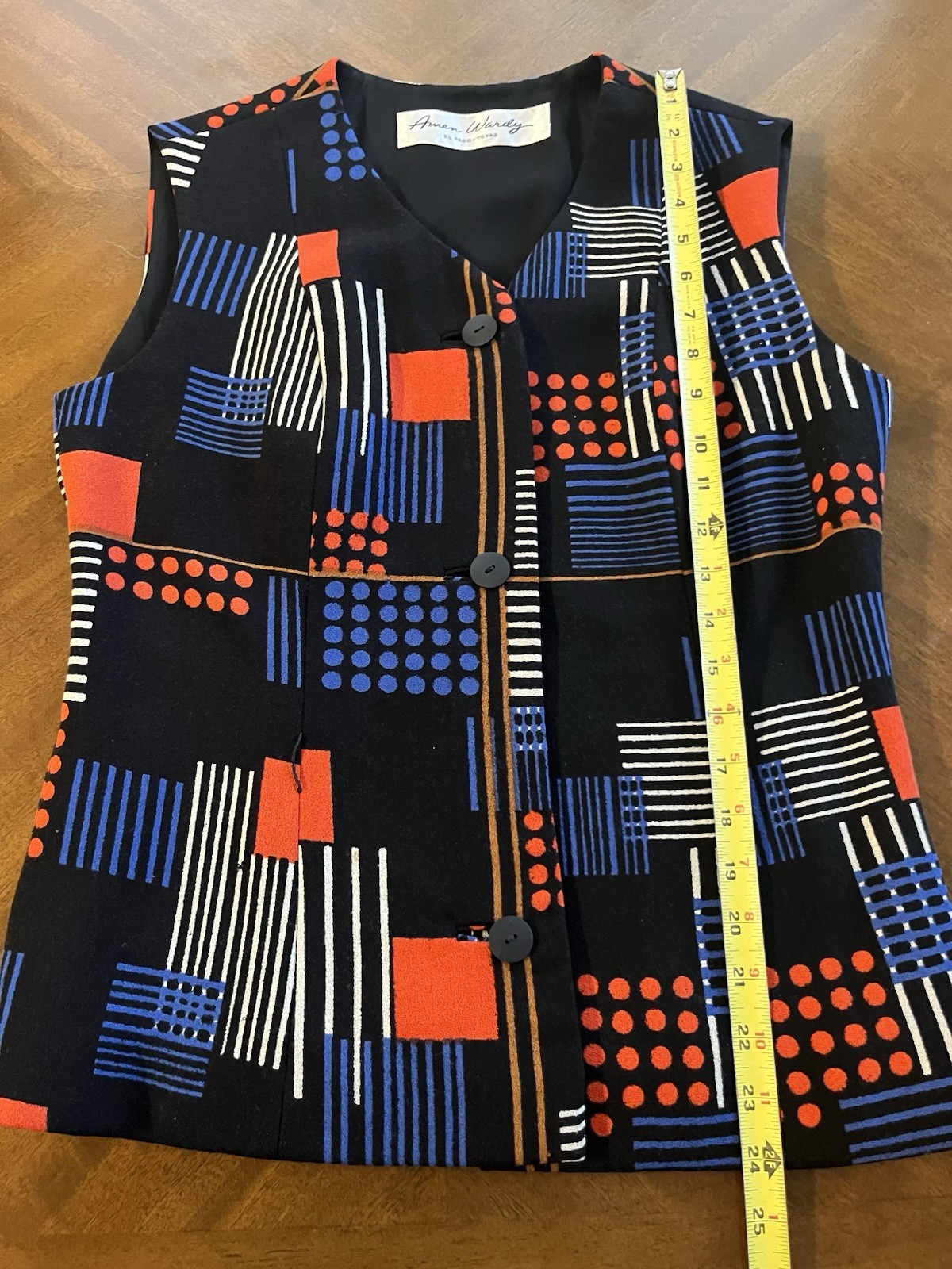 Amen Wardy El Paso Black & Multicolor Vest Top Size 8 Crepe USA RARE 60s Vintage