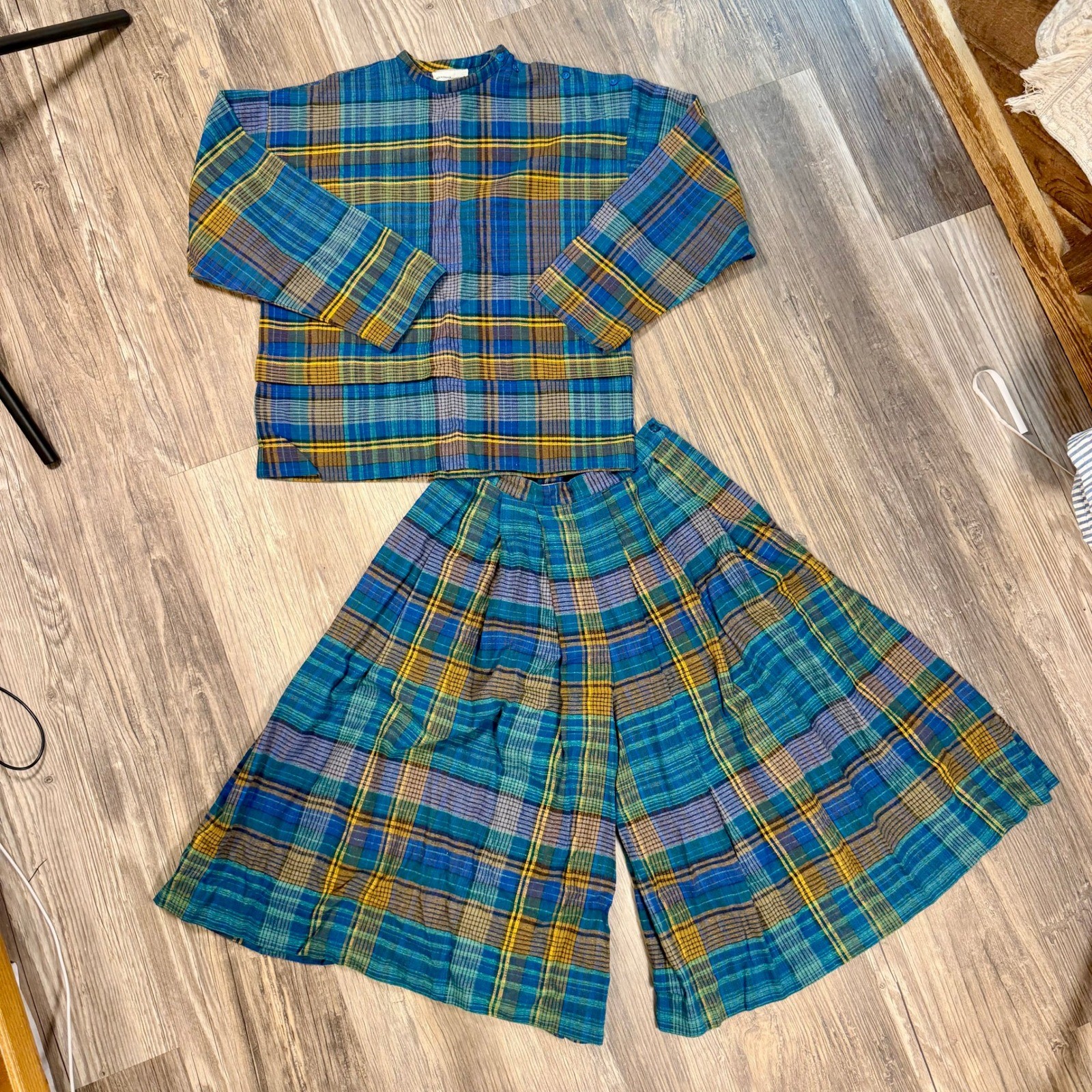French Vintage Cottagecore Plaid Two Piece Set Gaucho Pants Folk Art Boho Cotton