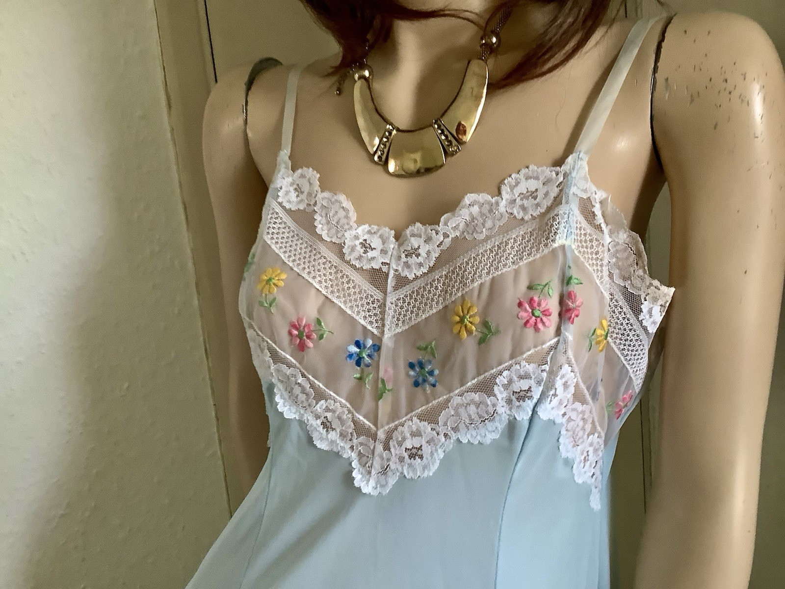 Vtg Mint Sheer Perlon Nylon Deep MultColoured Lace Full Slip Petticoat 14 (EU 42