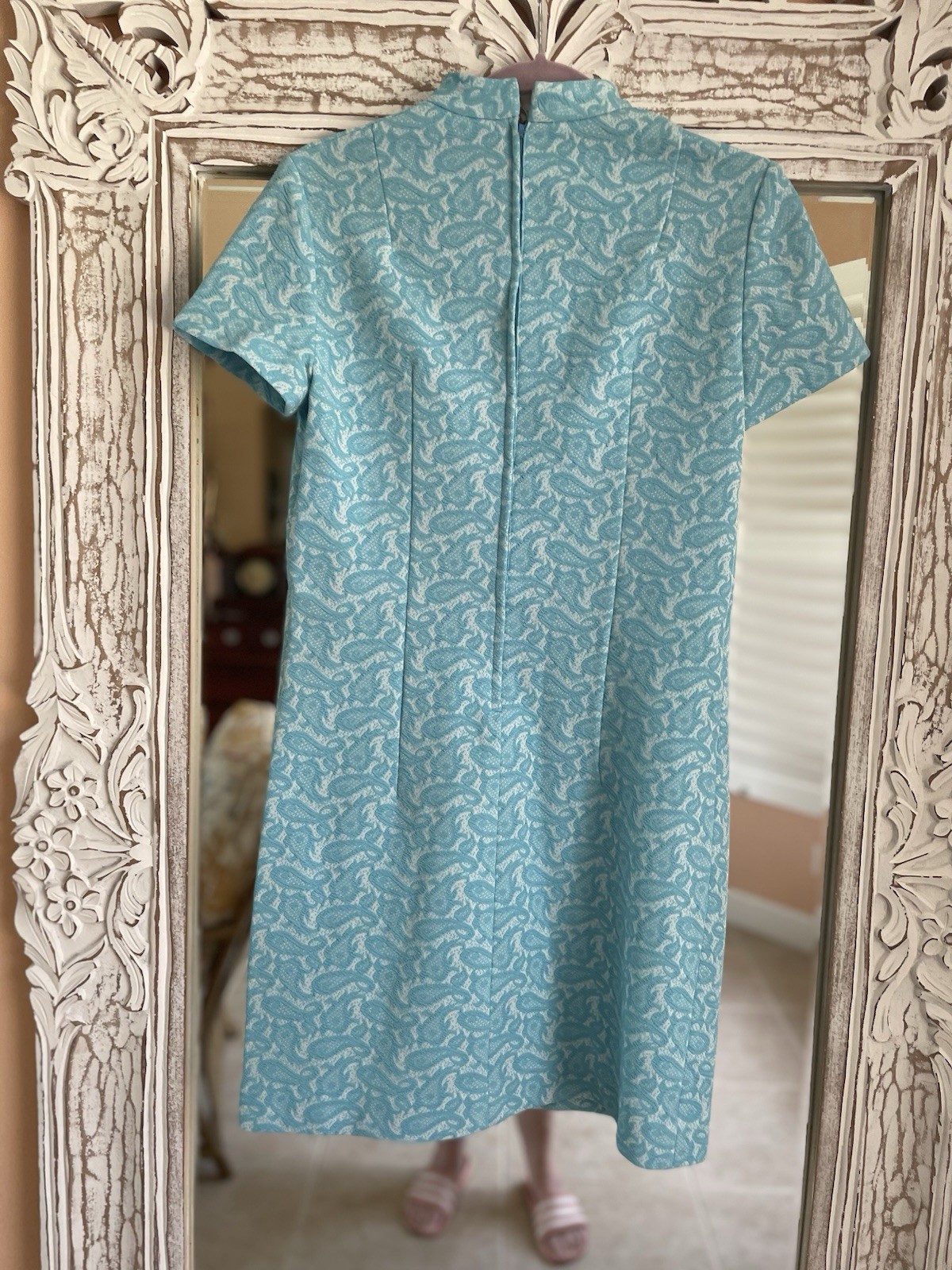 Vintage Handmade Blue Textured Poly Paisley Print Short Dress Sm