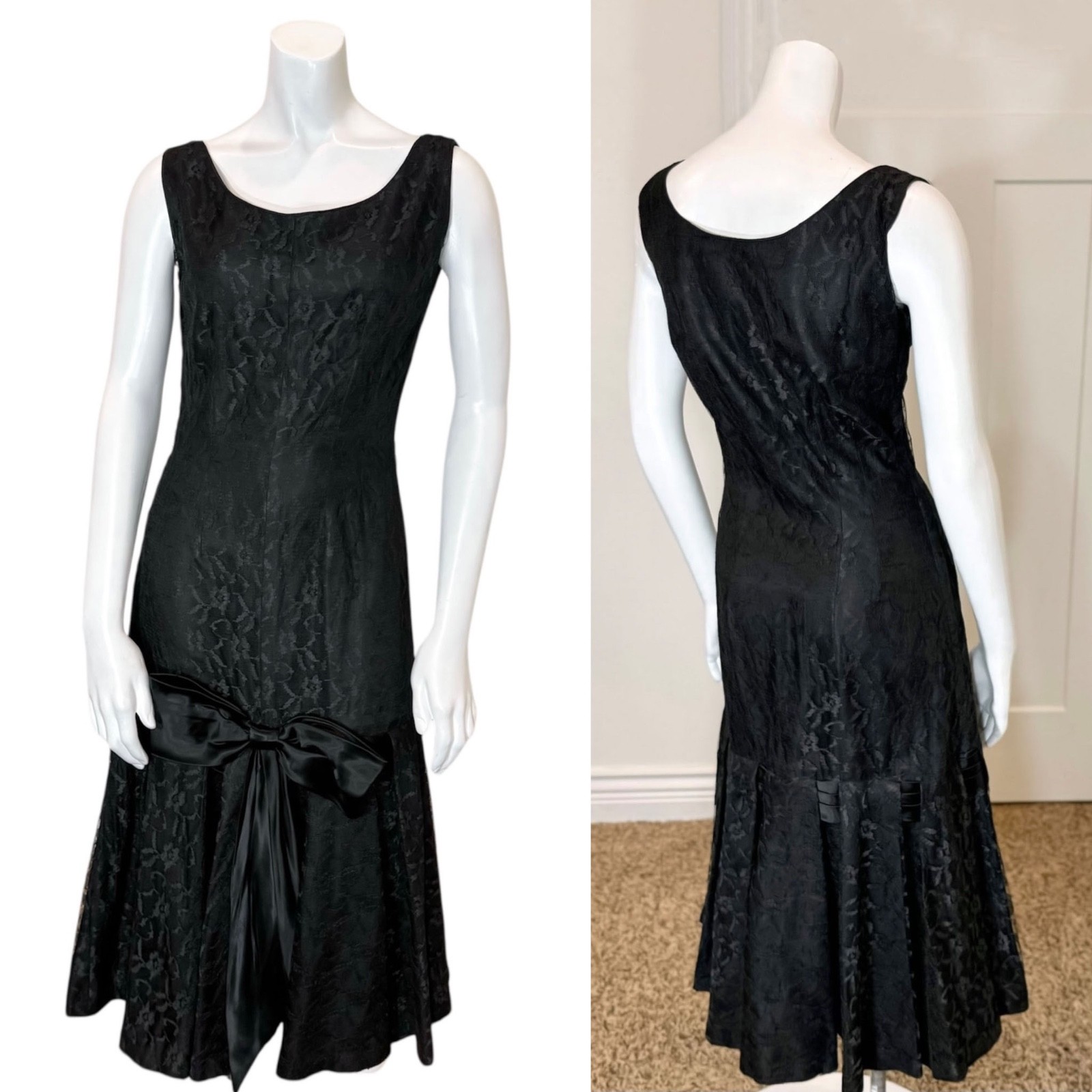 Vintage 50&rsquo;s MERMAID LACE MIDI DRESS BOW Goth Drop Waist Cocktail Wiggle Prom
