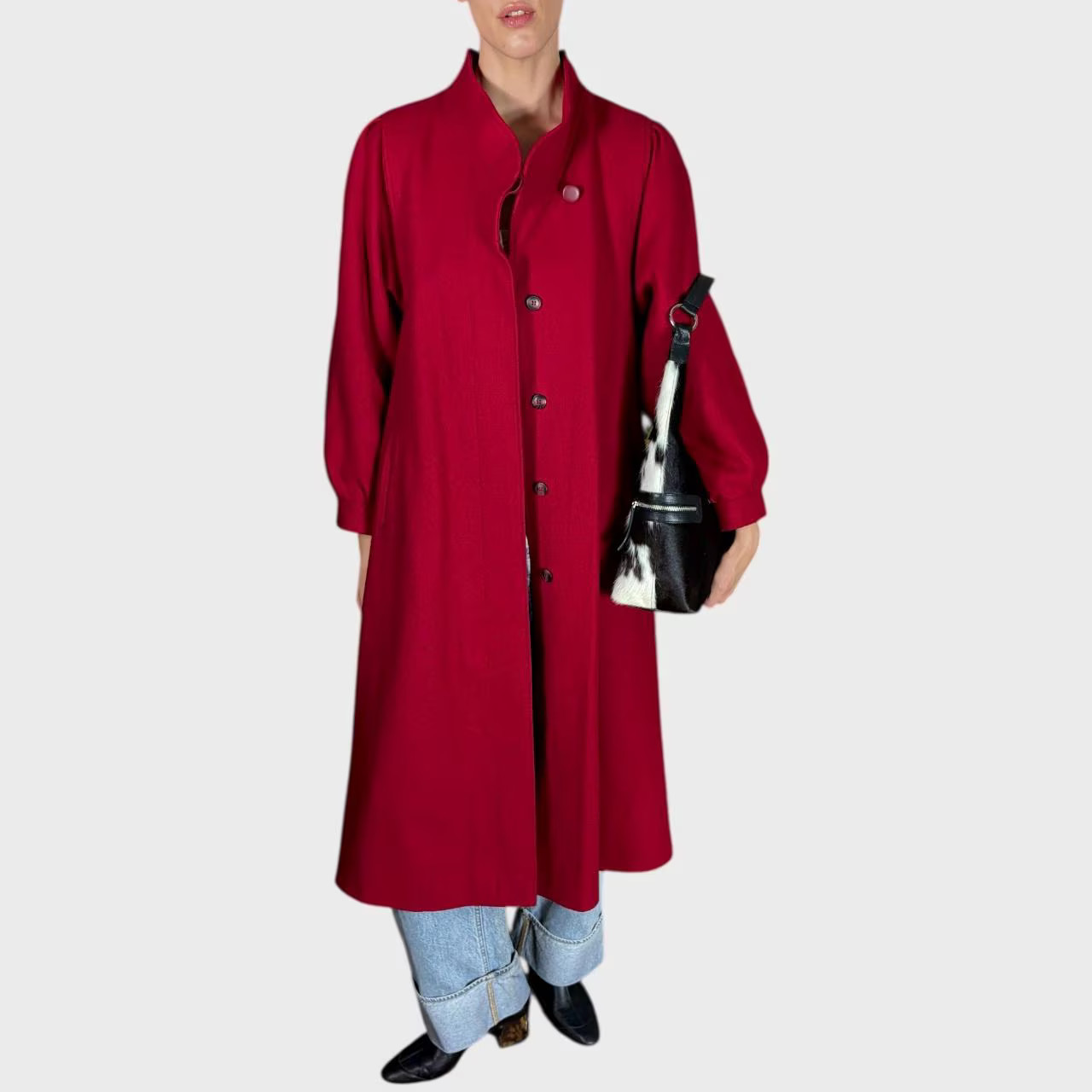 Vintage Red Wool Coat Belted Waist Elegant Longline Overcoat size US10; EU40