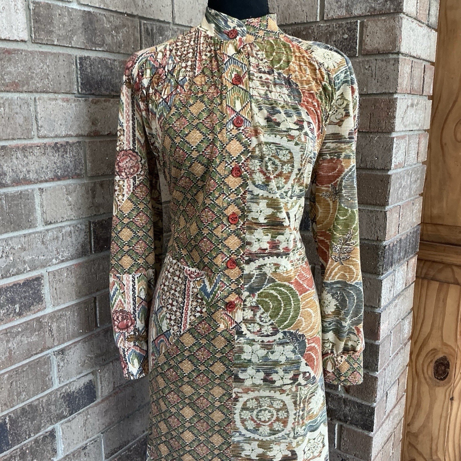 70s VINTAGE Jonathan Logan Patchwork Print Midi Dress Size 11/12 Women&rsquo;s #9D4
