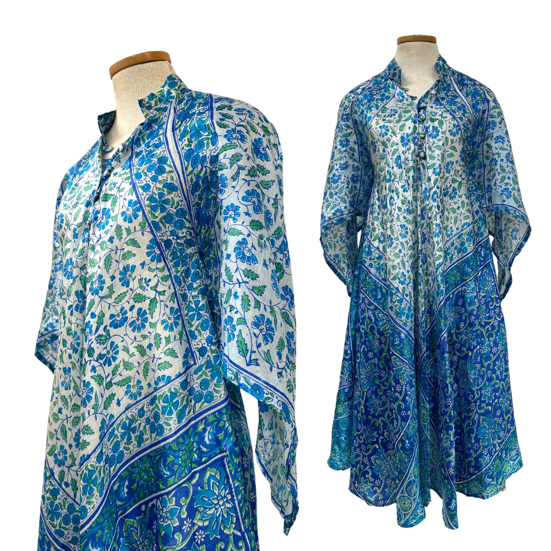 Vintage 1970s Zodiac Silk Cerulean Blue Midi Dress Caftan with Angel Sleeves