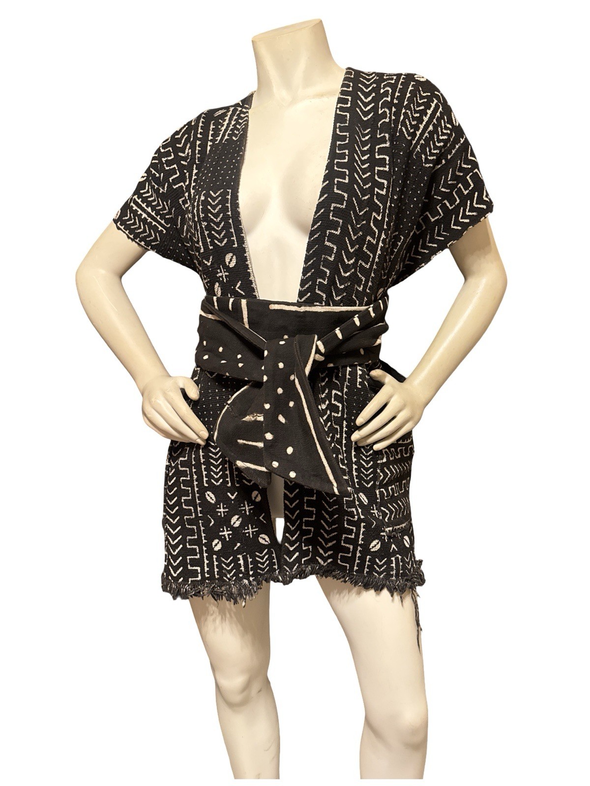 Mud Cloth Vest Kimono Jacket Black & Beige Pockets Sash Unisex Adults Tribal