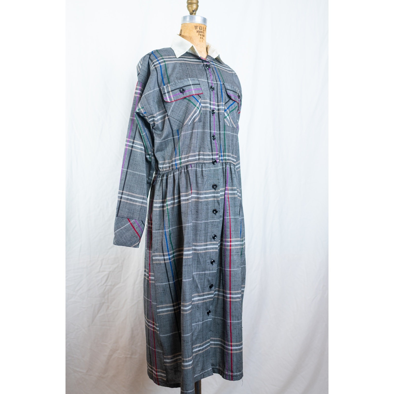 Vintage 90s Gray Plaid Midi Shirt Dress, Collared Long Sleeved, Academia, MED/LG