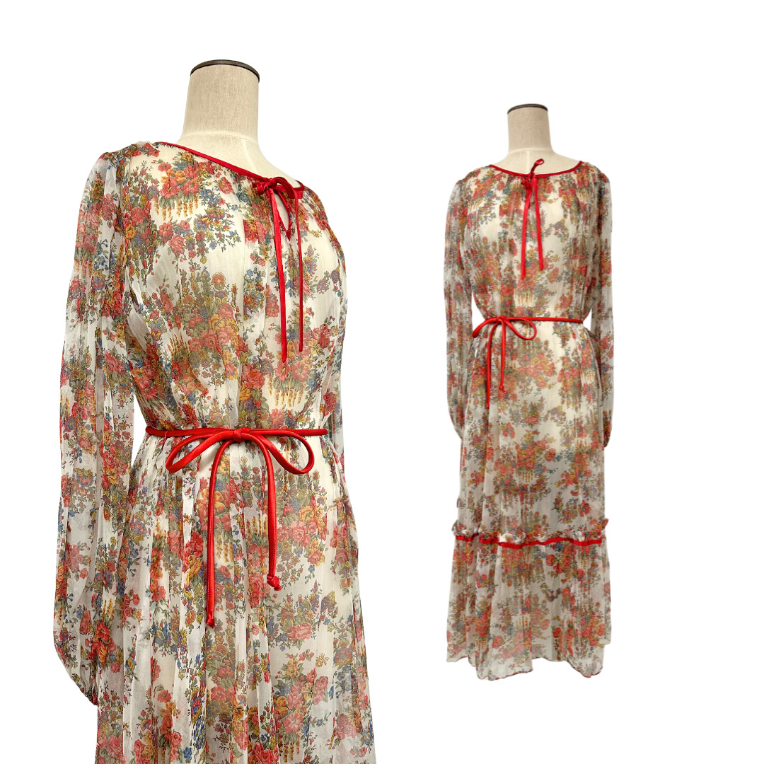 Vintage 1970s Bohemian Americana Sheer Floral Maxi Dress