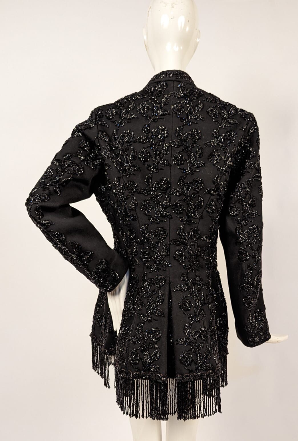 VICTORIAN 1880’S VERY HEAVY WOOL BUSTLE JACKET W FLORAL JET BEAD + FRINGE