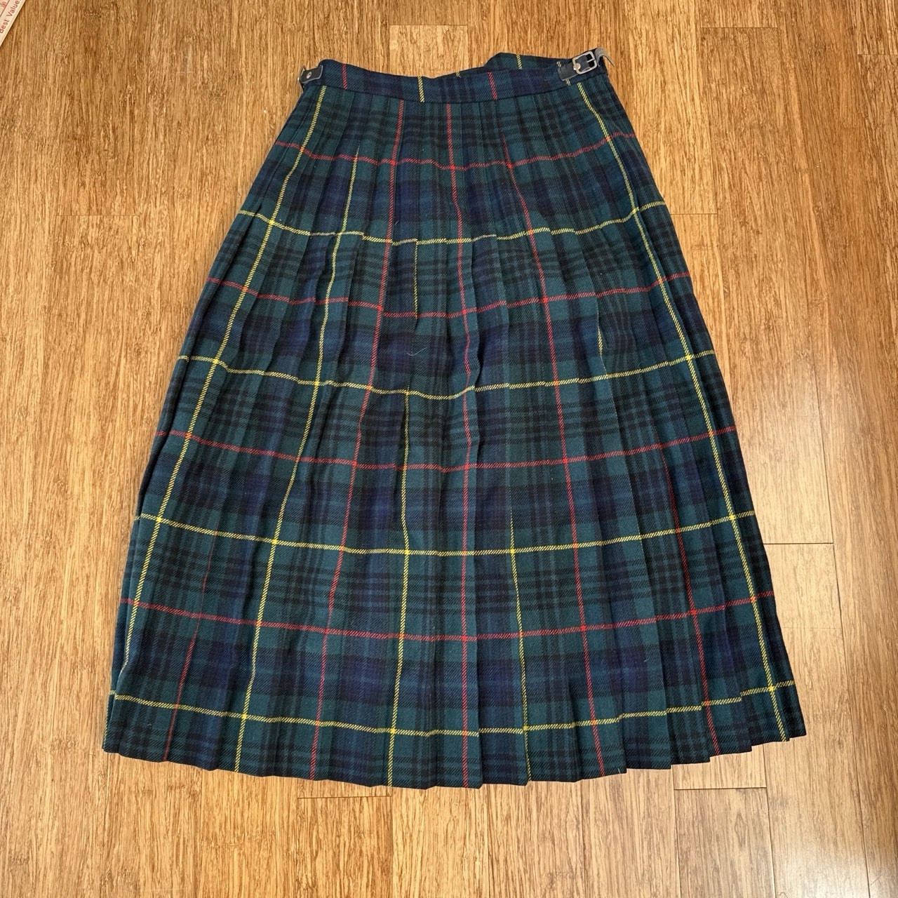 Vintage 100% wool brendella Green, red, and yellow plaid pleated midi skirt