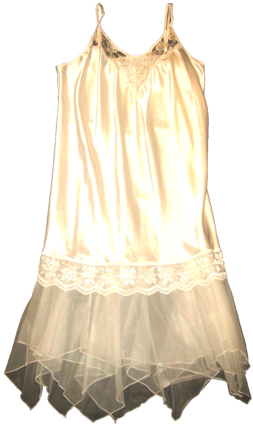 VtG LADY CAMEO Slinky White Satin Lace Sheer Ruffled Negligee Slip Dress XL/XXL