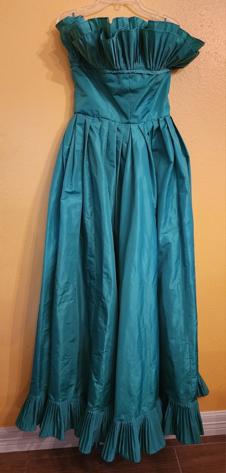 Vintage Victor Costa Teal Green Taffeta Dress Ruffles Pockets Pleated Skirt 2-4