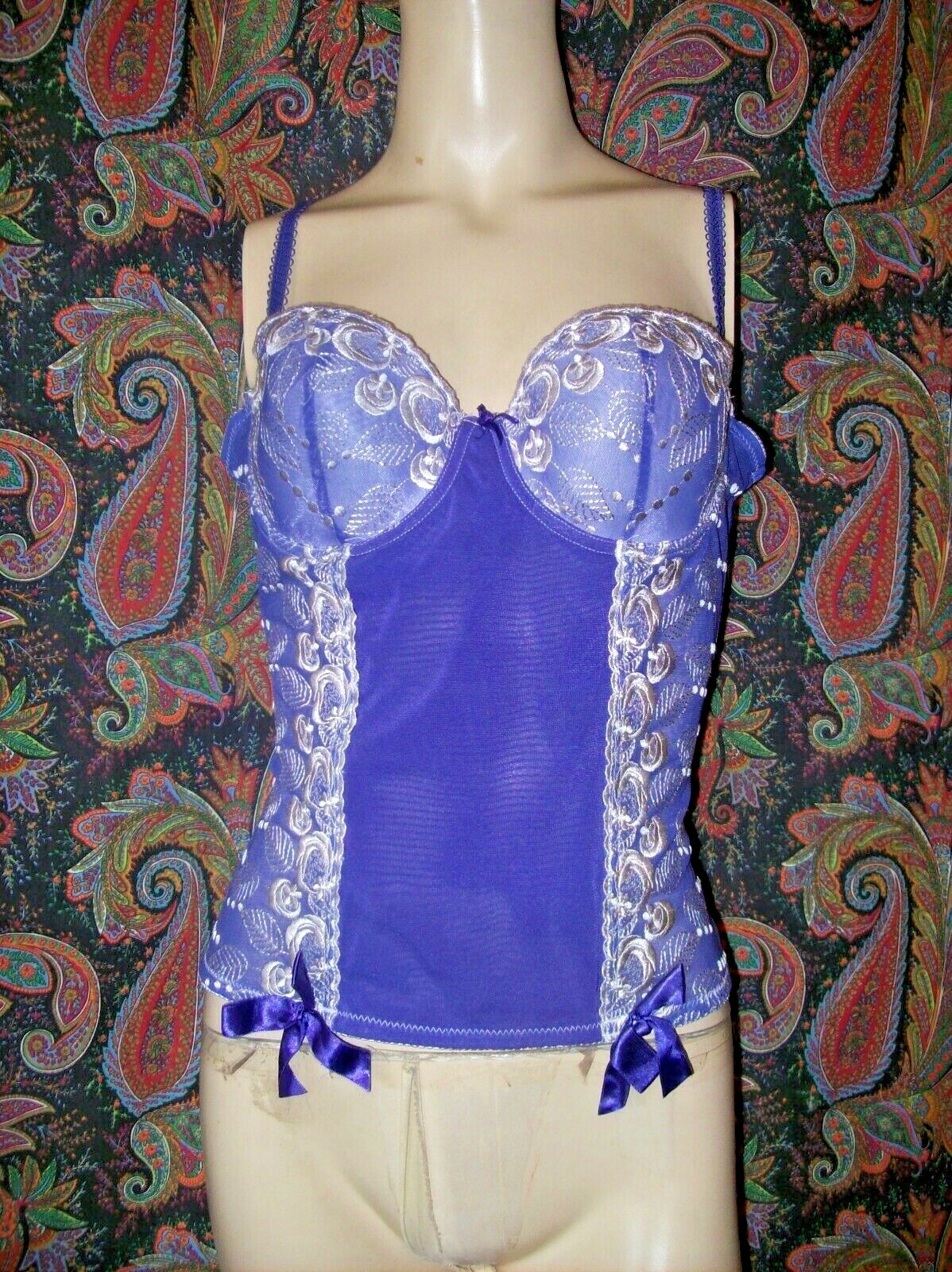 VTG Donna Loren Periwinkle Sheer Knit Lacy Corset Top 36B