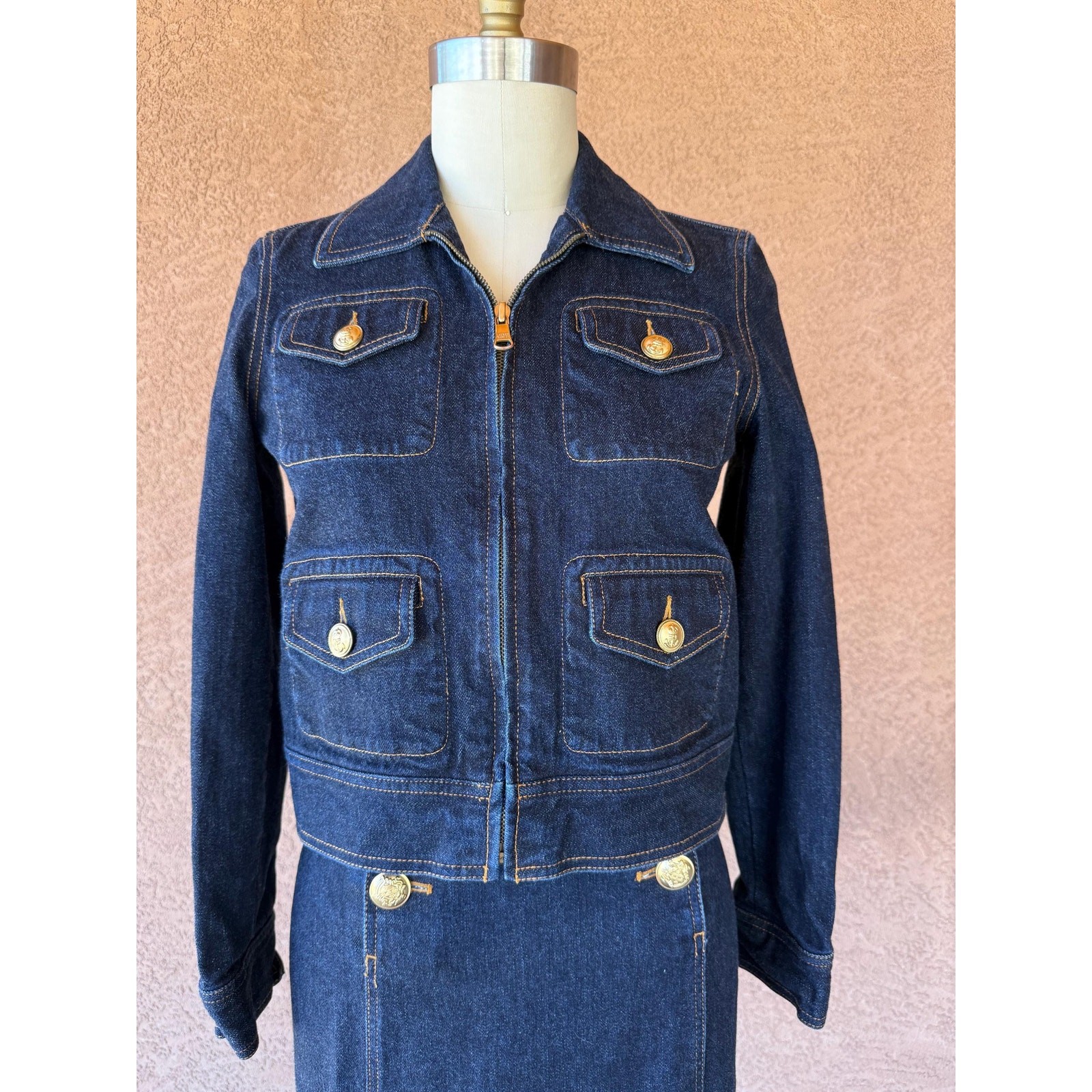 Vintage 2000s Ralph Lauren Denim Jacket & Skirt Set Gold Button Suit Petite