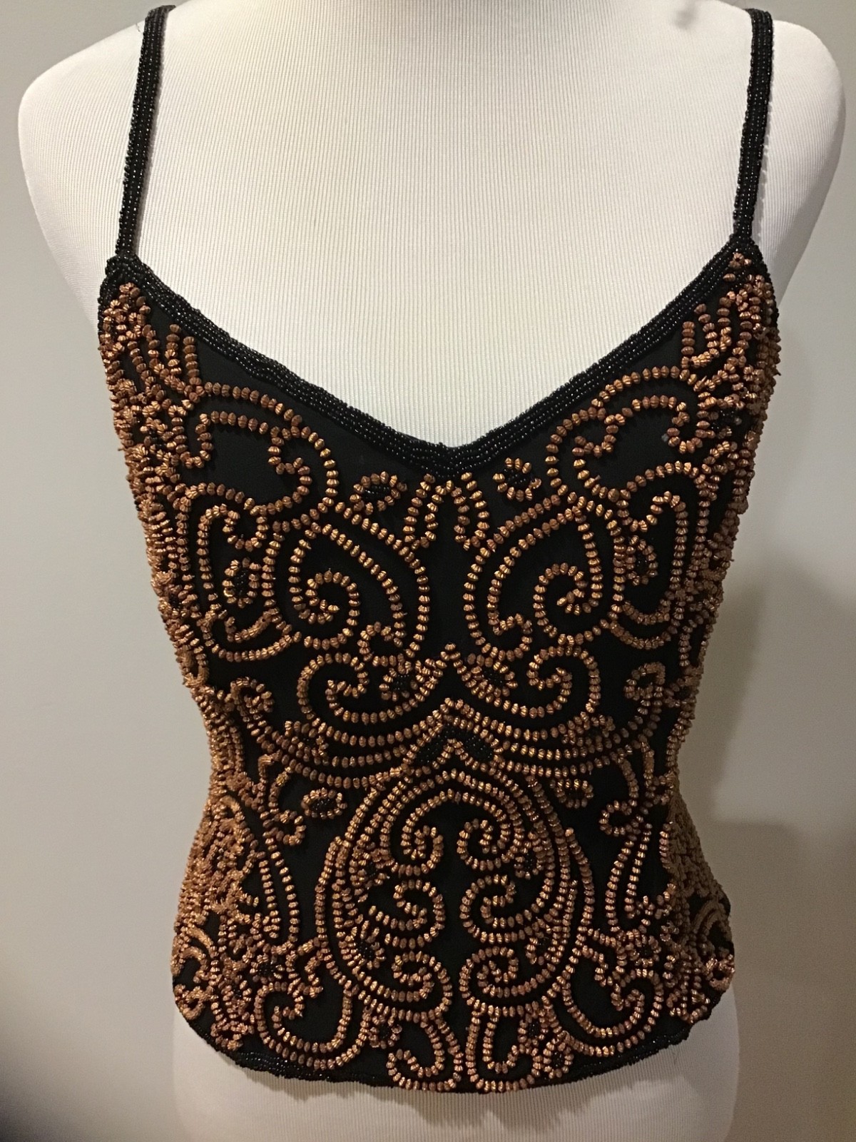 Vintage 90s Cache Black Beaded Cami Top Size 2 Bronze Embellished Boned Corset