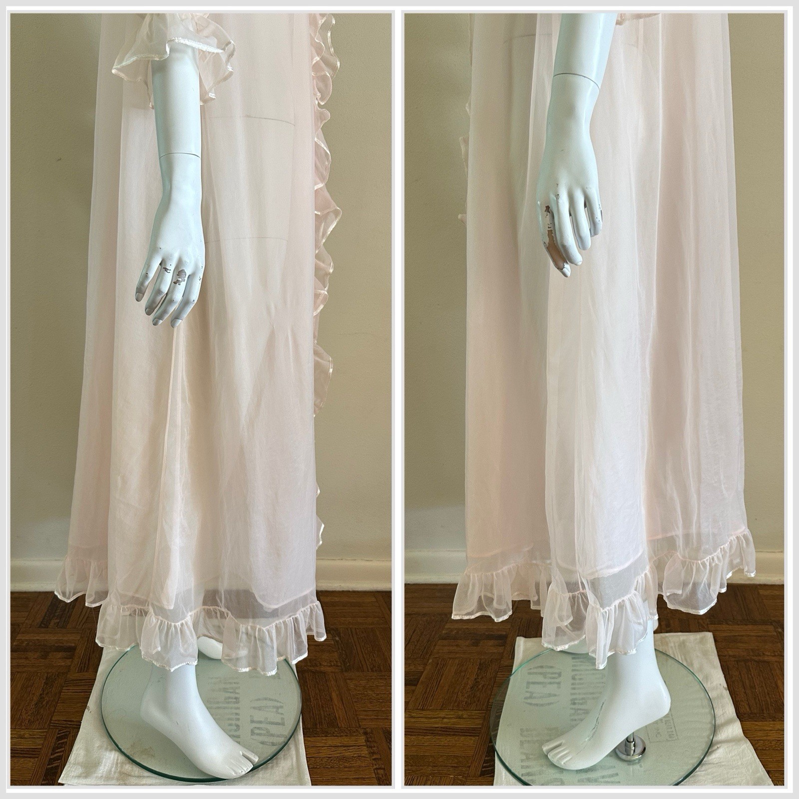 1960s Miss Elaine Pink Sheer Nylon Peignoir Robe Ruffle Front Double Layer VTG
