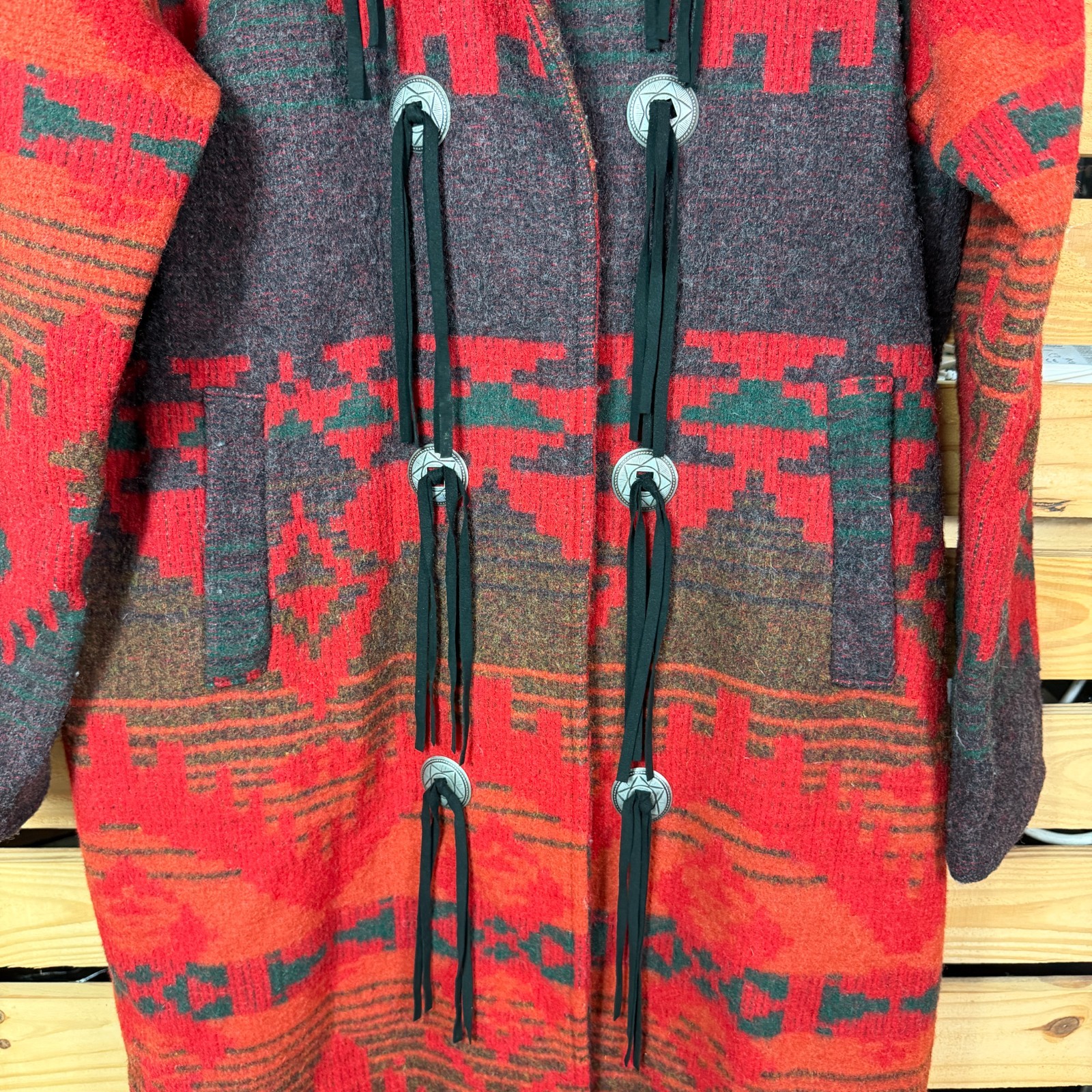 Vintage Woolrich Wool Duster Coat Sweater Large Hooded Southwestern Aztec Tassel