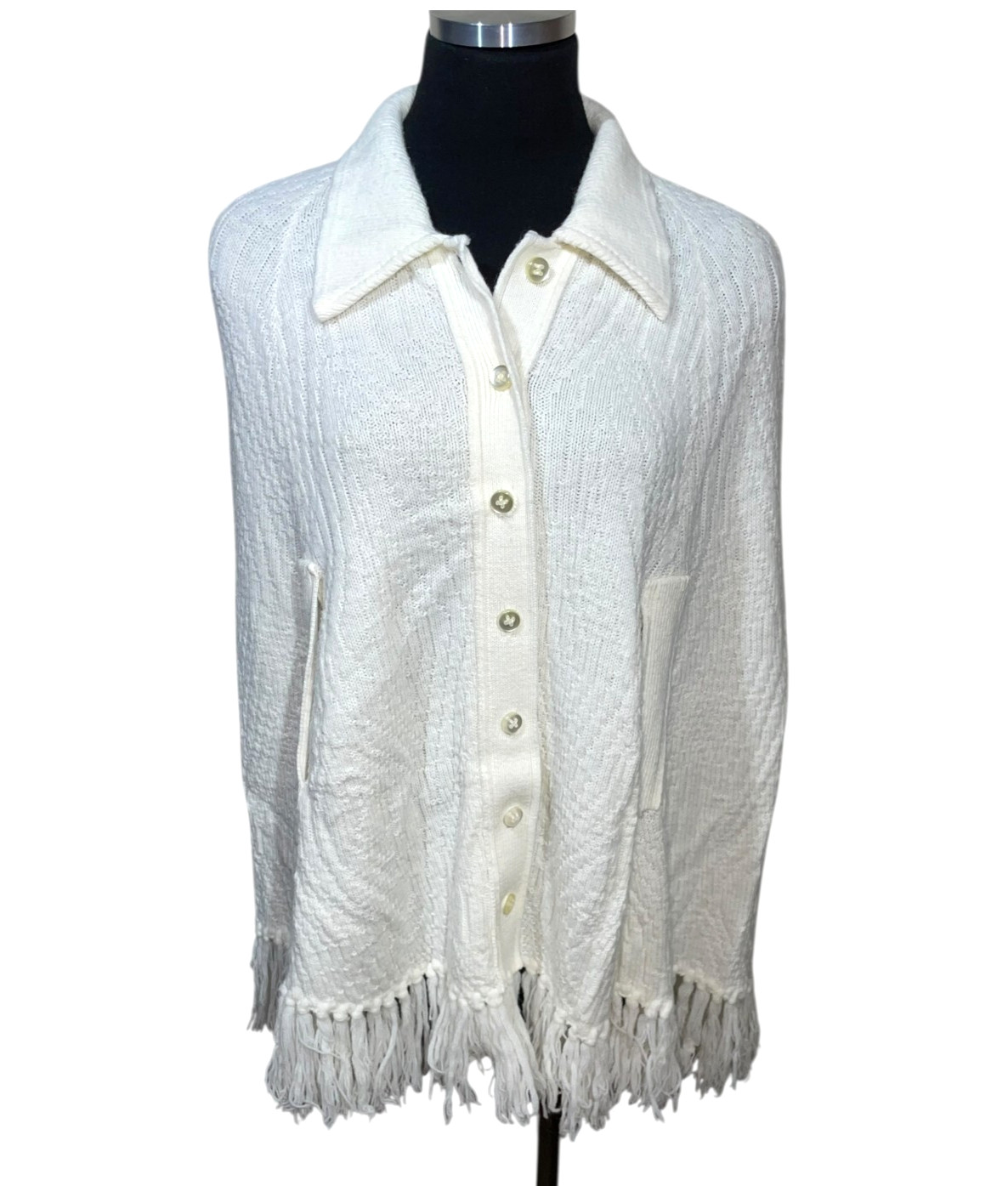 Vintage 60s Wintuk Knit Poncho Cape Shawl Sweater Button Fringe Trim Cream