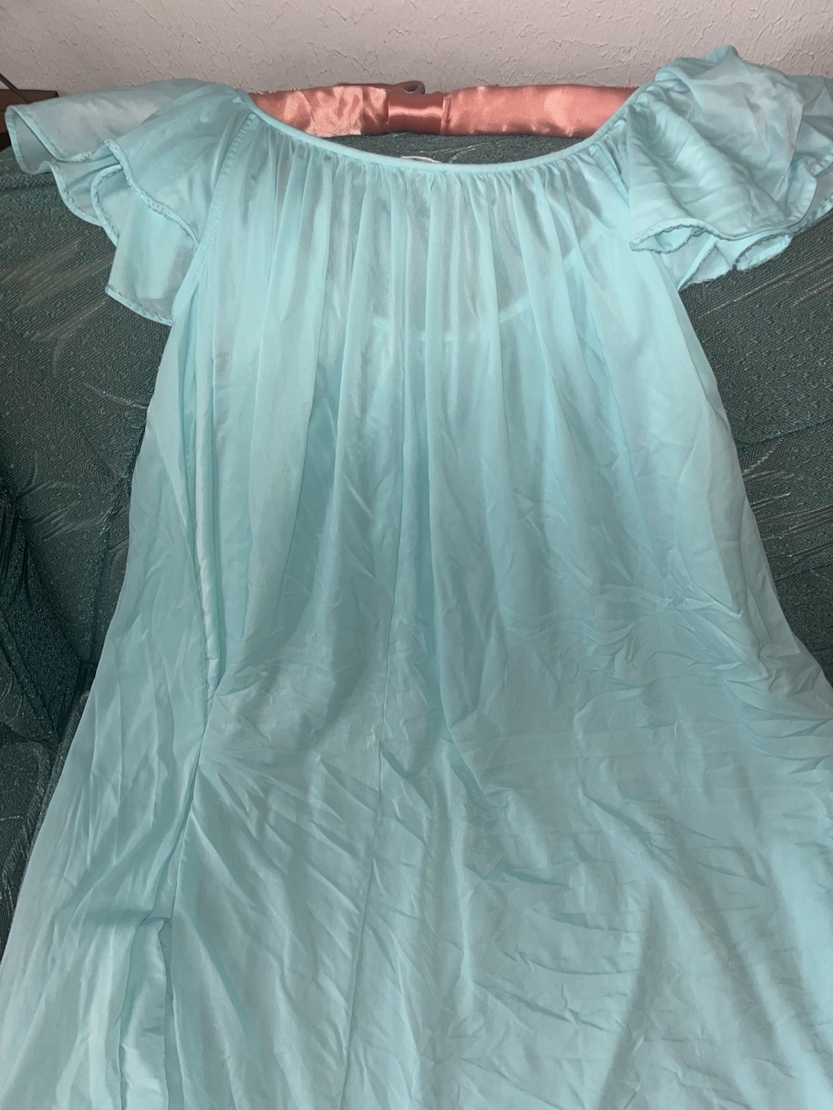 Vtg Miss Elaine Aqua Blue Nightgown Small Flutter Sleeve Babydoll White Lace