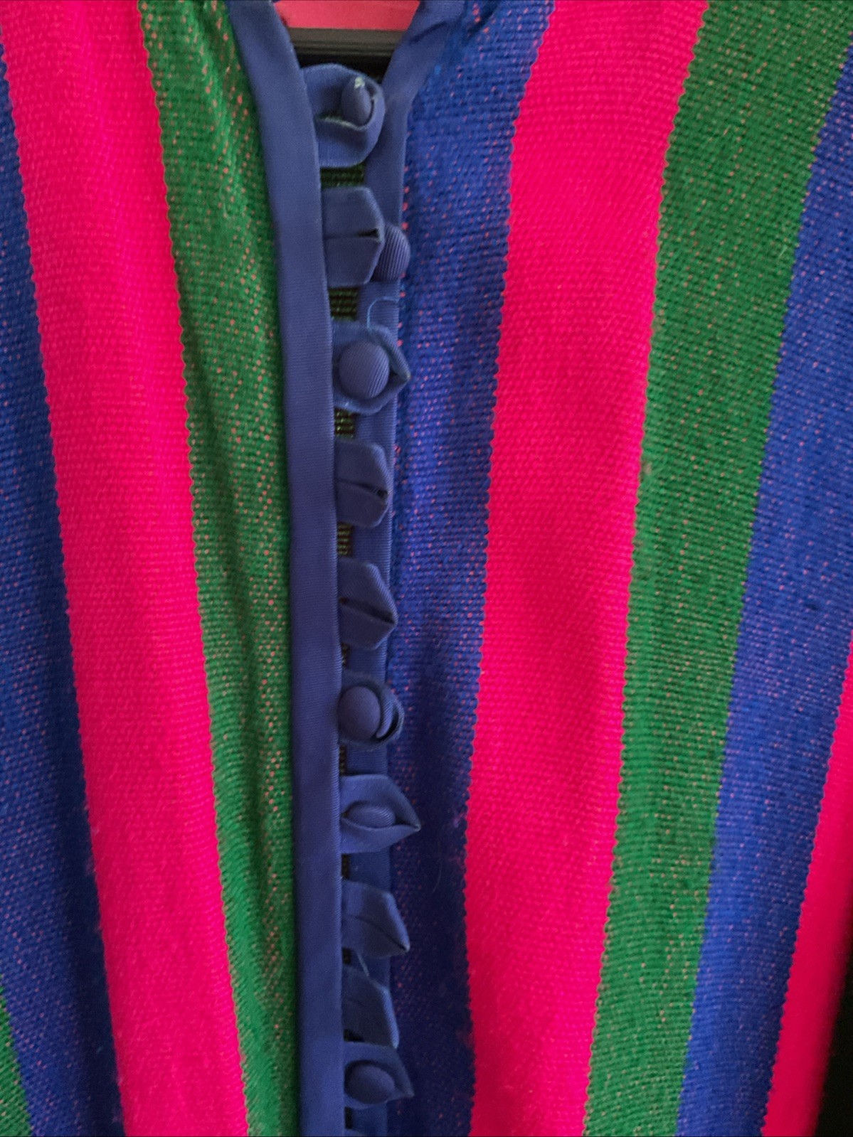 VTG Josefa Boho Caftan Maxi Dress Multicolor Pink Green Blue Pompoms Belt, Small