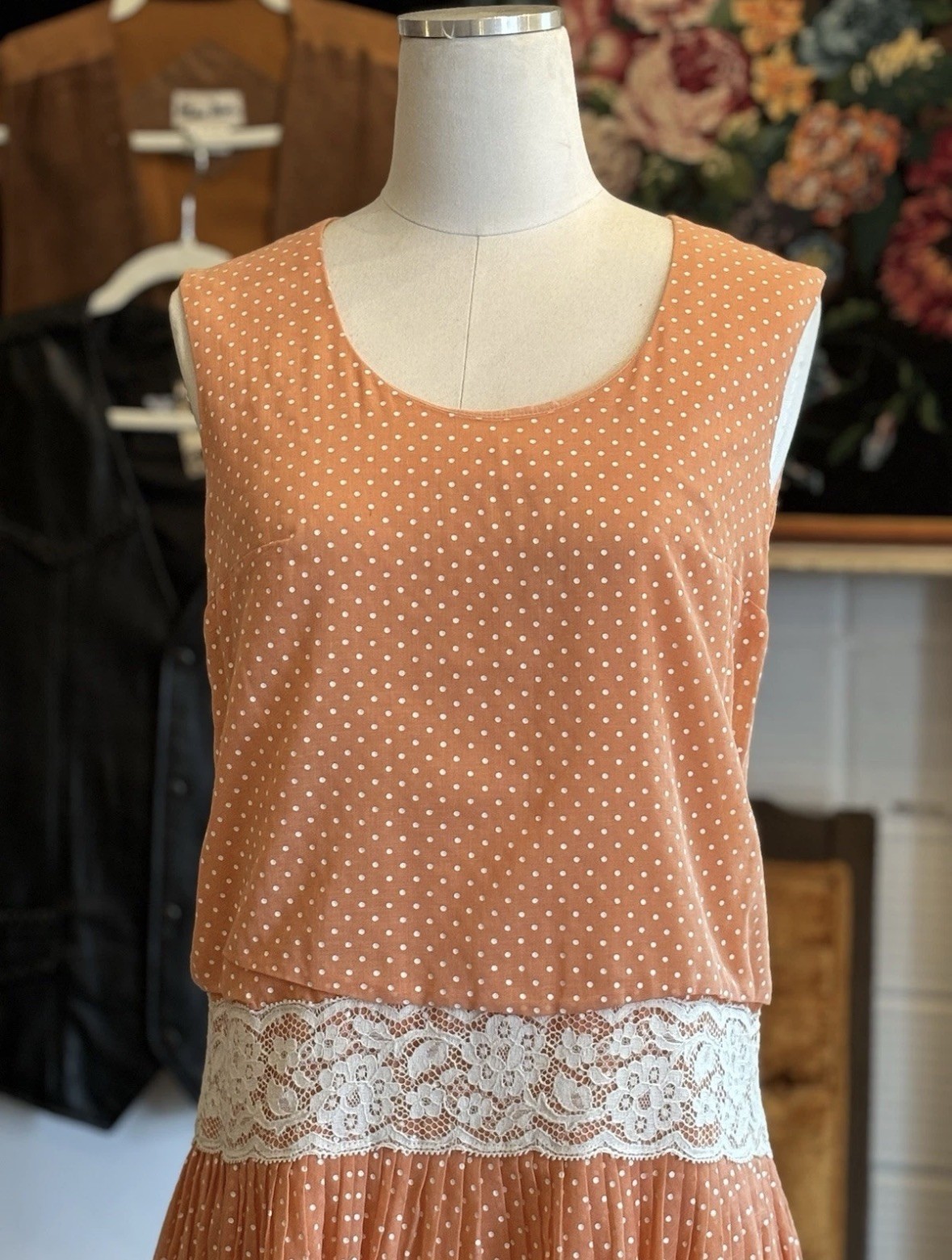 Vintage 60&rsquo;s Orange Polka Dot Dress Cotton Drop Waist Lace Size Small Medium
