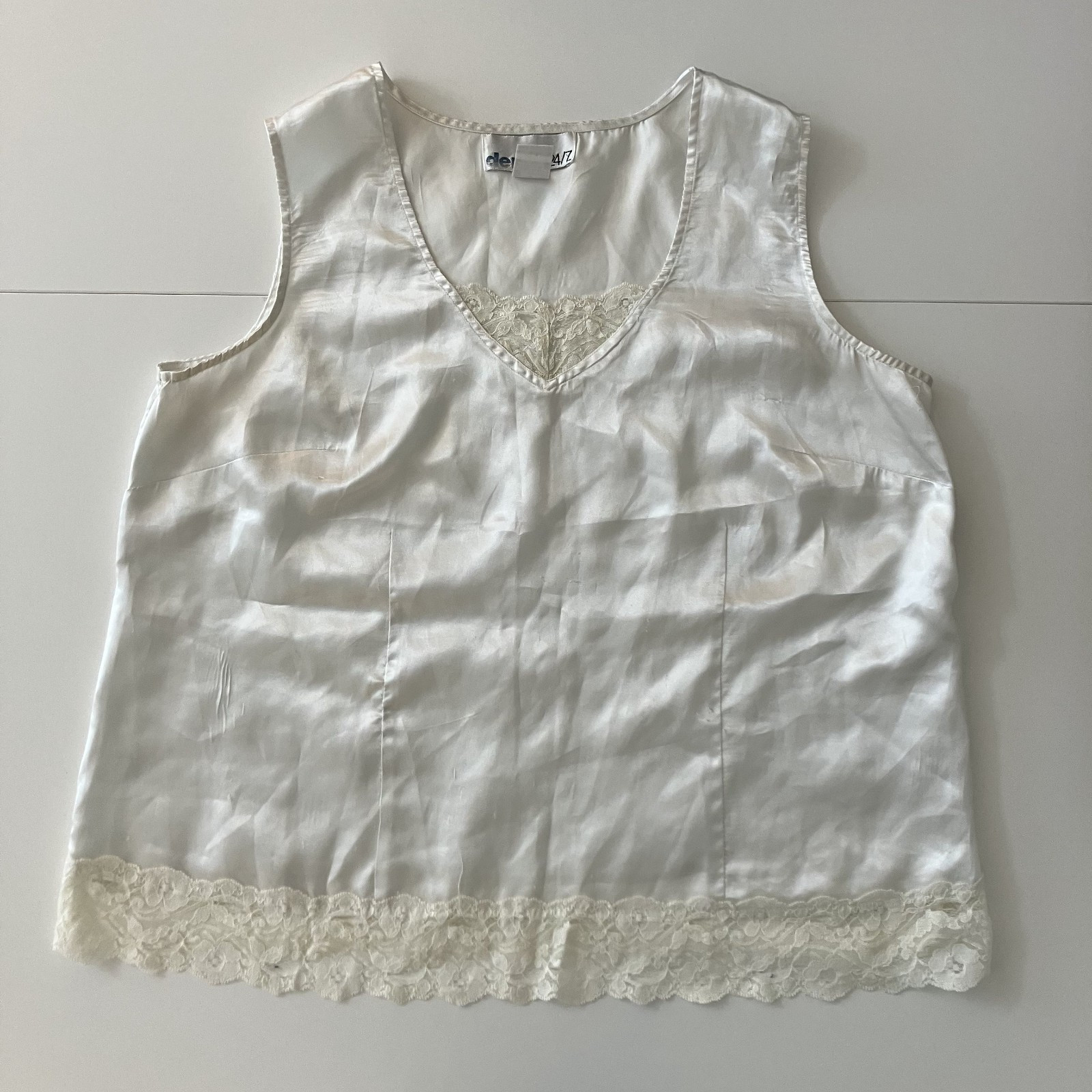Vintage Satin Lace Tank Ivory Pajama Top FLAWS As Is Sz 16W Romantic