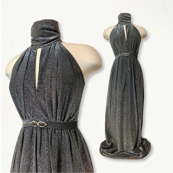 Vintage 1970s Silver Metallic Studio 54 Keyhole Jewel Belted Halter Maxi Dress