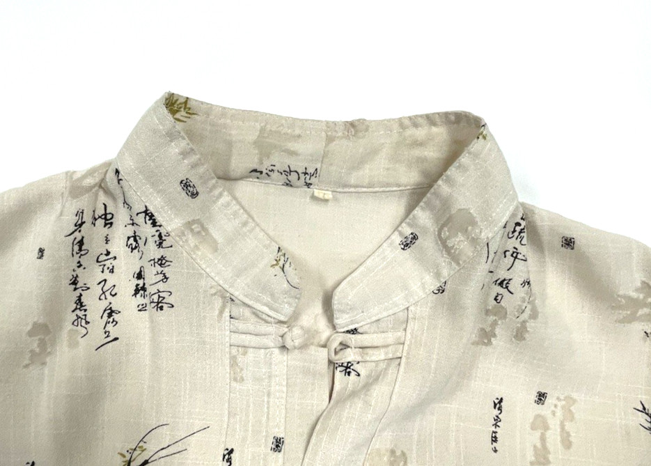 Vintage Mandarin Collar Frog Clasps Burnout Linen Look Oatmeal Boho Artsy L/XL