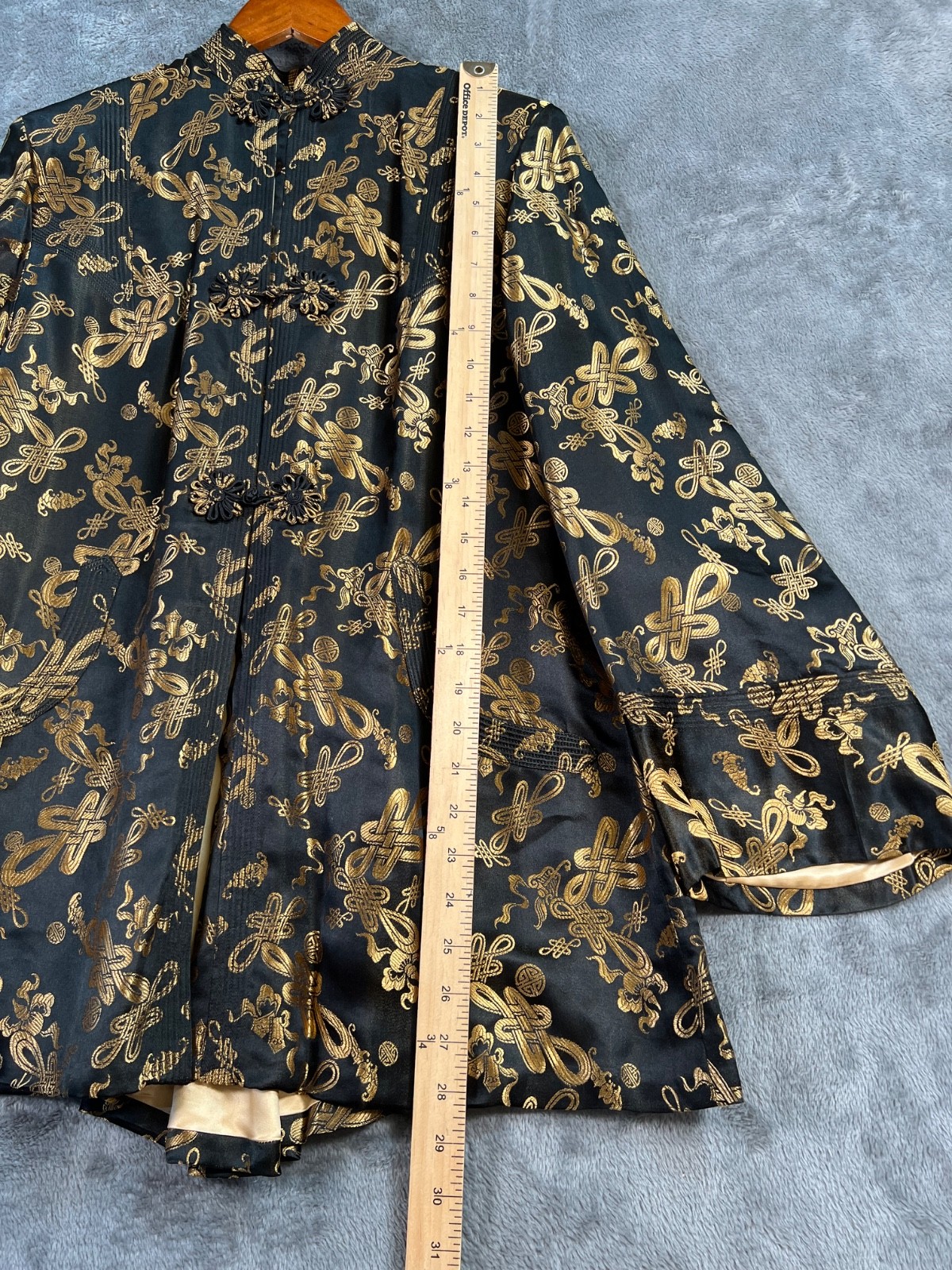 Dynasty Hong Kong Silk Jacket 16 20×28 Black Gold Mandarin Frog Closure Vtg 60s*